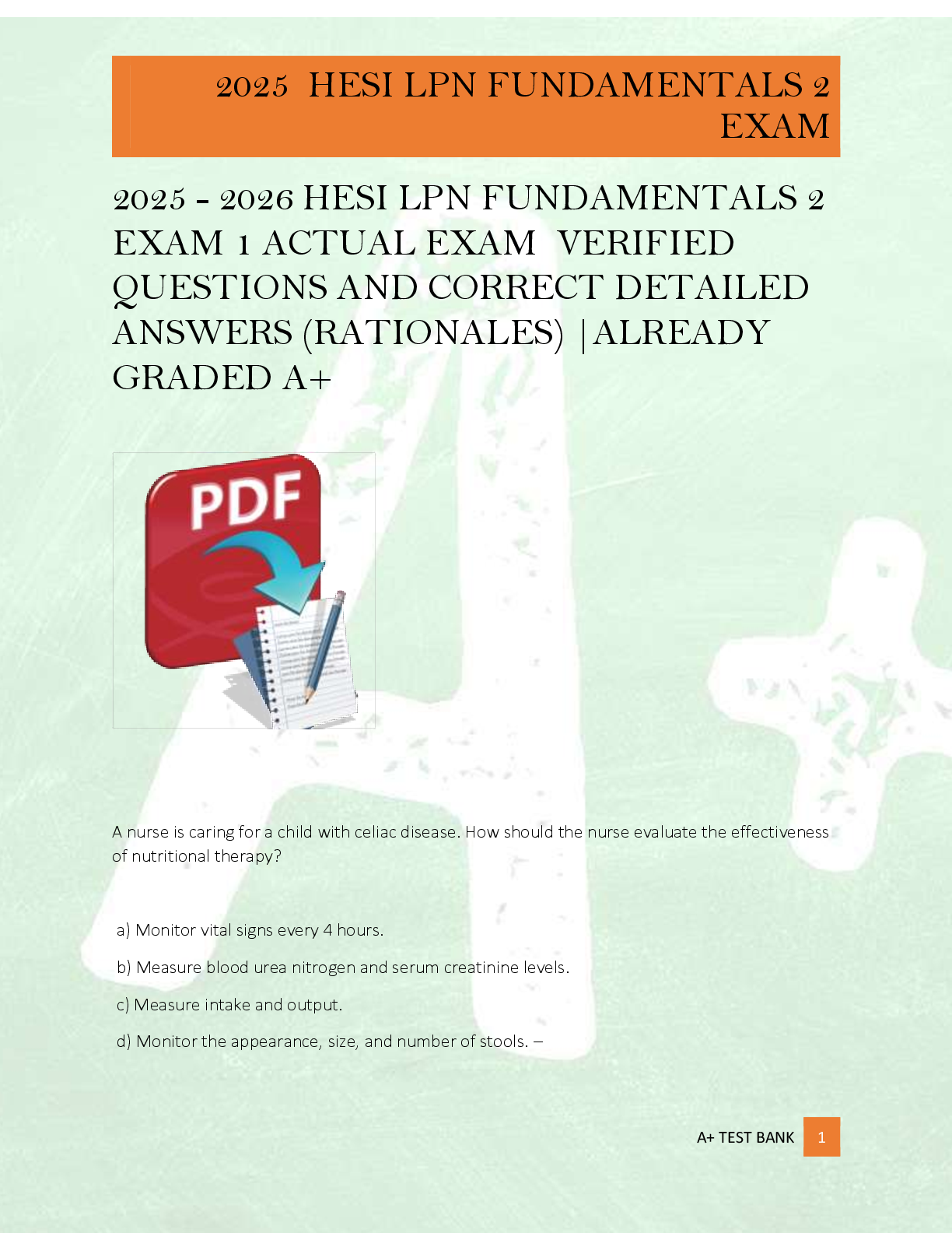 Preview of 2025 - 2026 HESI LPN FUNDAMENTALS 2  EXAM 1 ACTUAL EXAM  VERIFIED   QUESTIONS AND CORRECT
