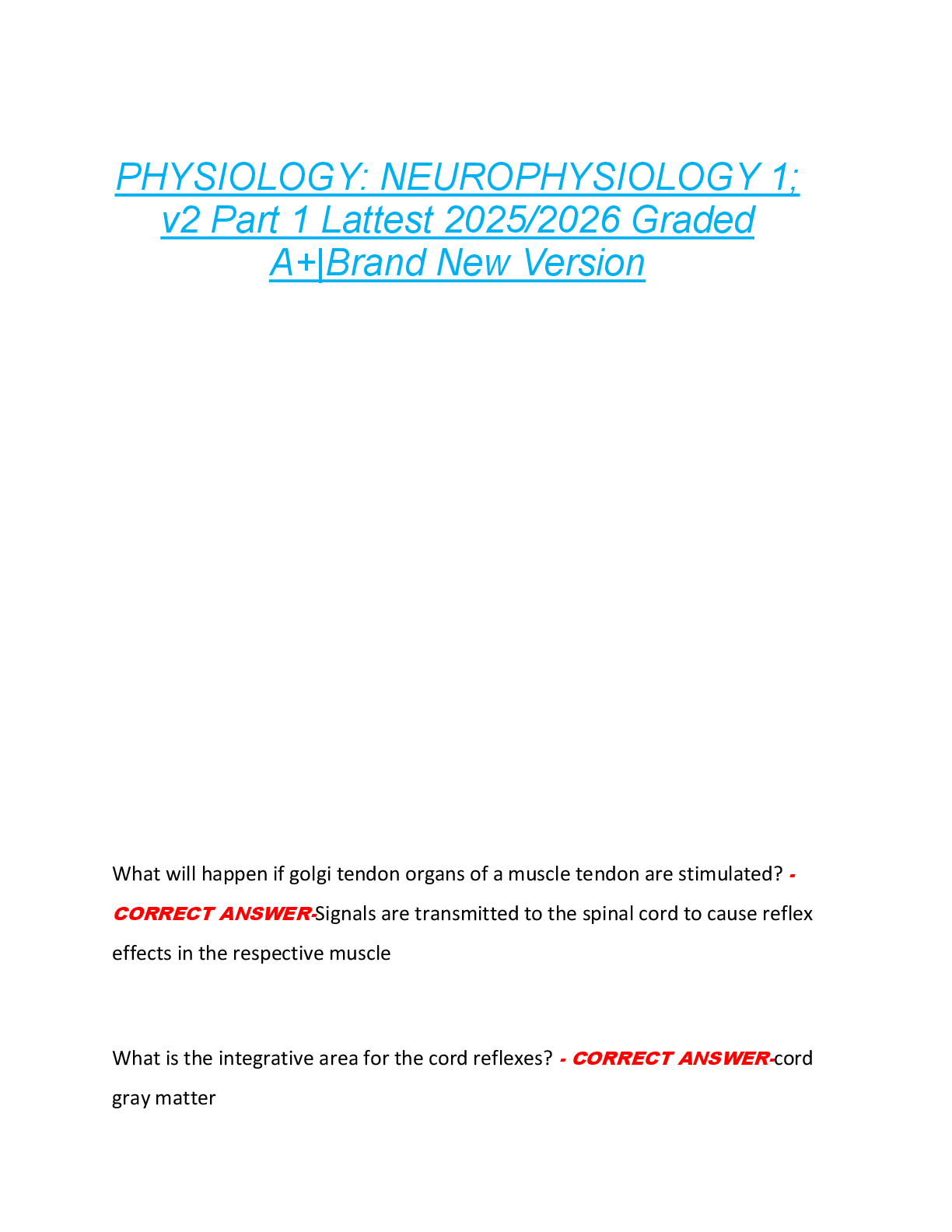 PHYSIOLOGY: NEUROPHYSIOLOGY 1;  v2 Part 1 Lattest 2025/2026 Graded  A+|Brand New Version