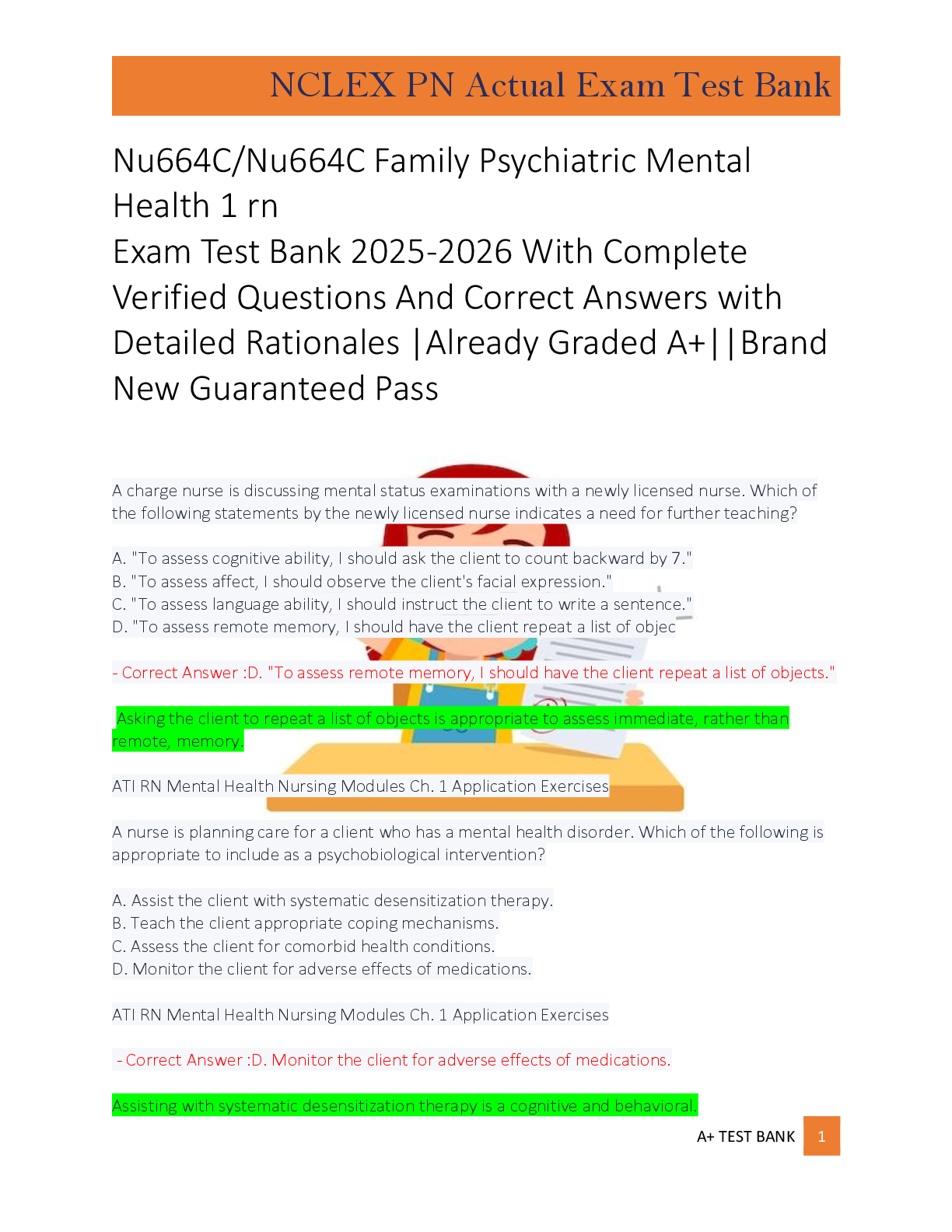 Preview image for Nu664C/Nu664C Family Psychiatric Mental Health 1 rn Exam Test Bank 2025-2026 With Complete Verified Questions And Correct Answers with Detailed Rationales |Already Graded A+||Brand New Guaranteed Pass