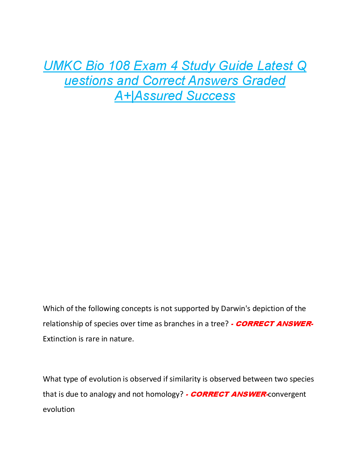Preview image for UMKC Bio 108 Exam 4 Study Guide Latest Q  uestions and Correct Answers Graded  A+|Assured Success