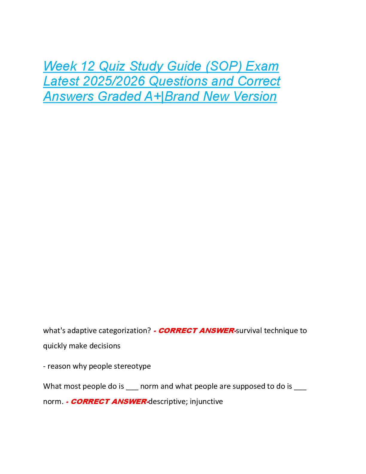Preview of Week 12 Quiz Study Guide (SOP) Exam  Latest 2025/2026 Questions and Correct  Answers Grade