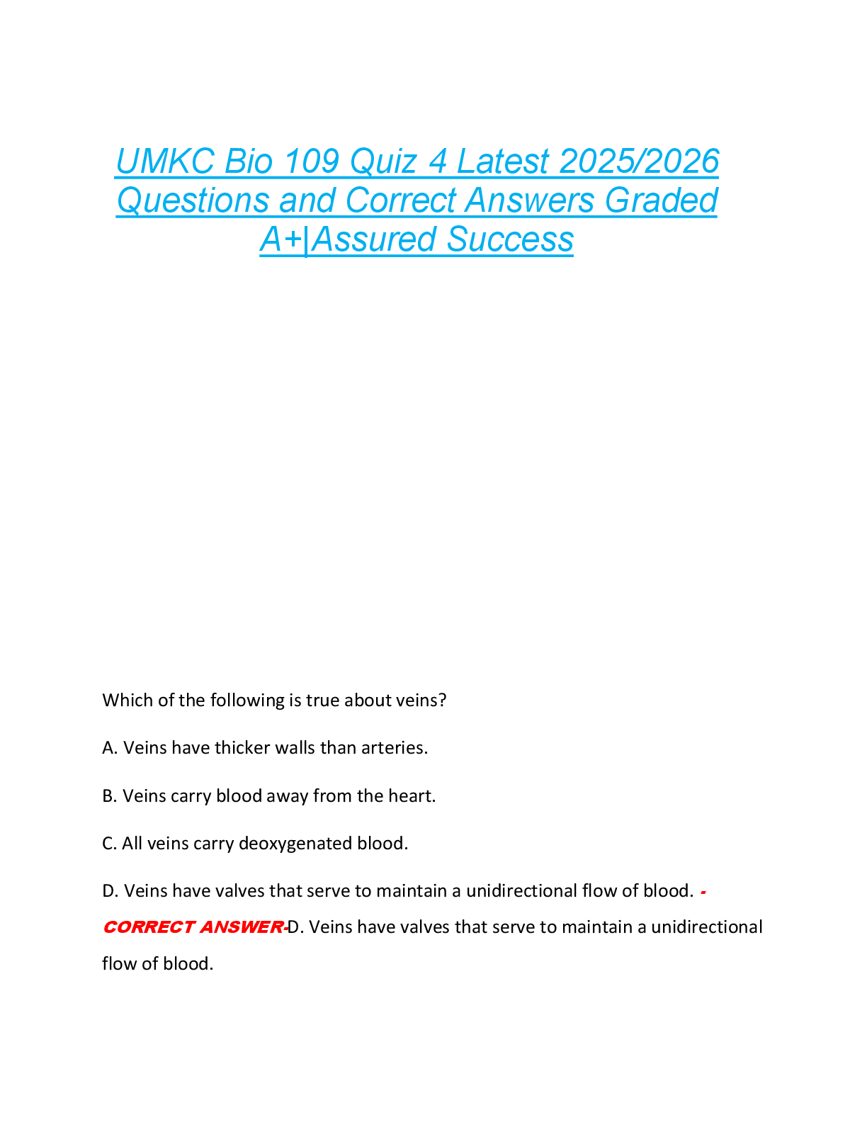UMKC Bio 109 Quiz 4 Latest 2025/2026  Questions and Correct Answers Graded  A+|Assured Success