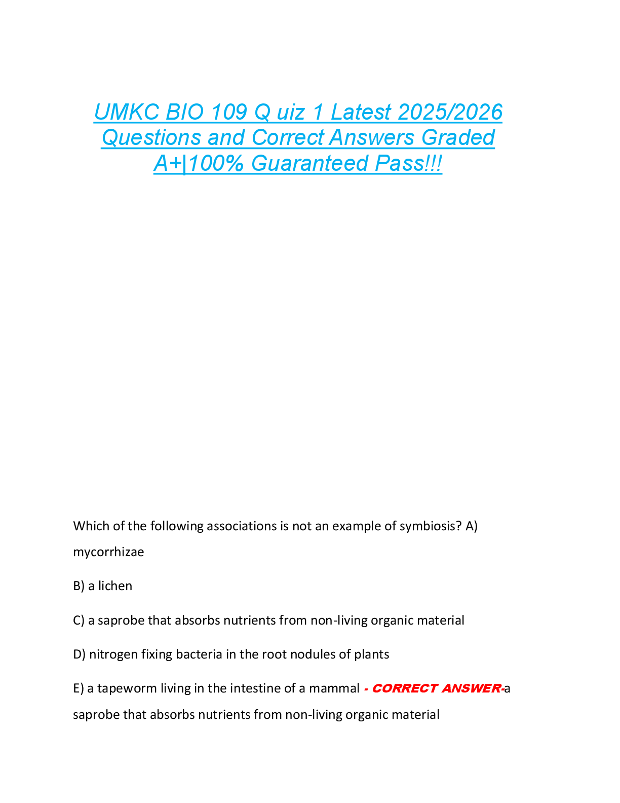 UMKC BIO 109 Q uiz 1 Latest 2025/2026  Questions and Correct Answers Graded  A+|100% Guaranteed Pass!!!
