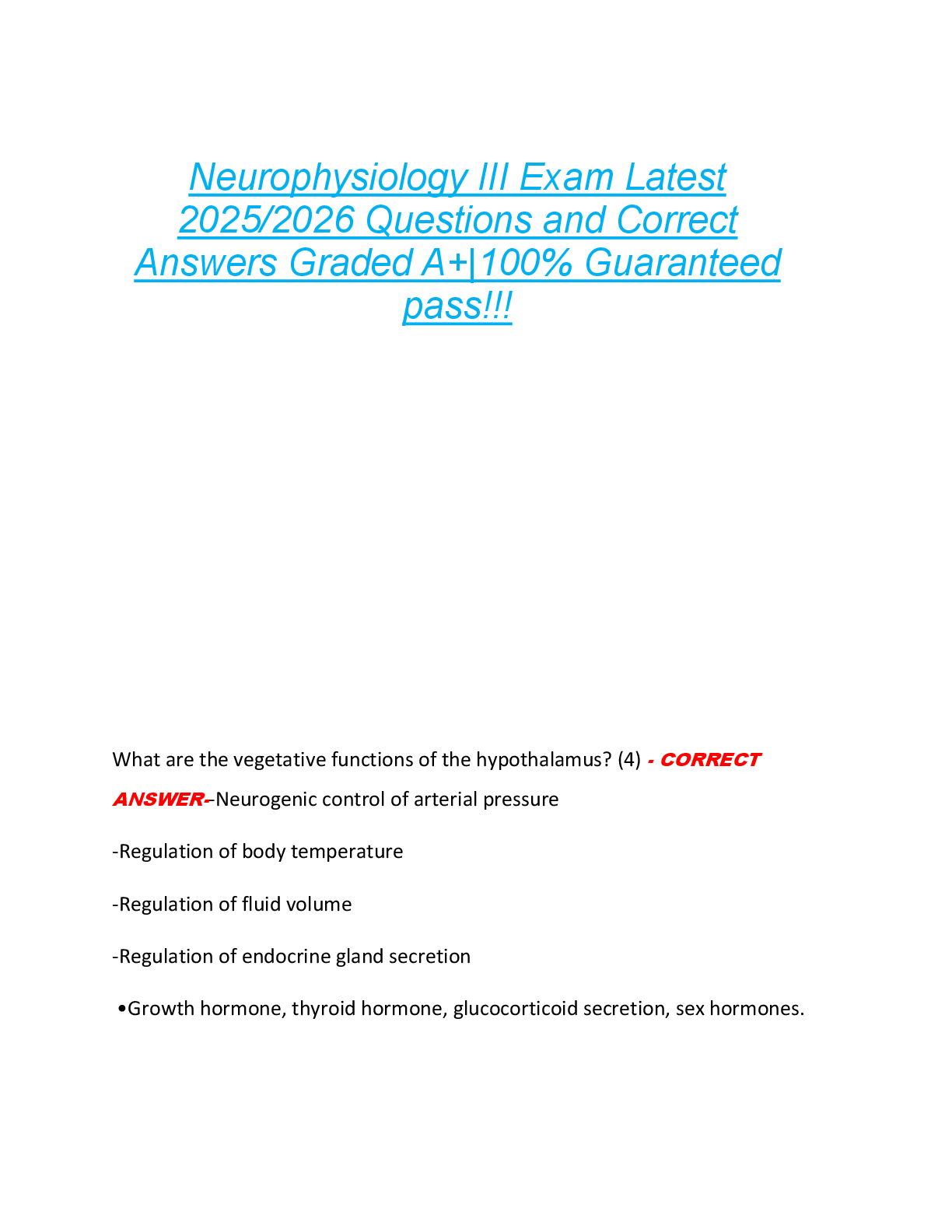 Preview image for Neurophysiology III Exam Latest  2025/2026 Questions and Correct  Answers Graded A+|100% Guaranteed  pass!!!