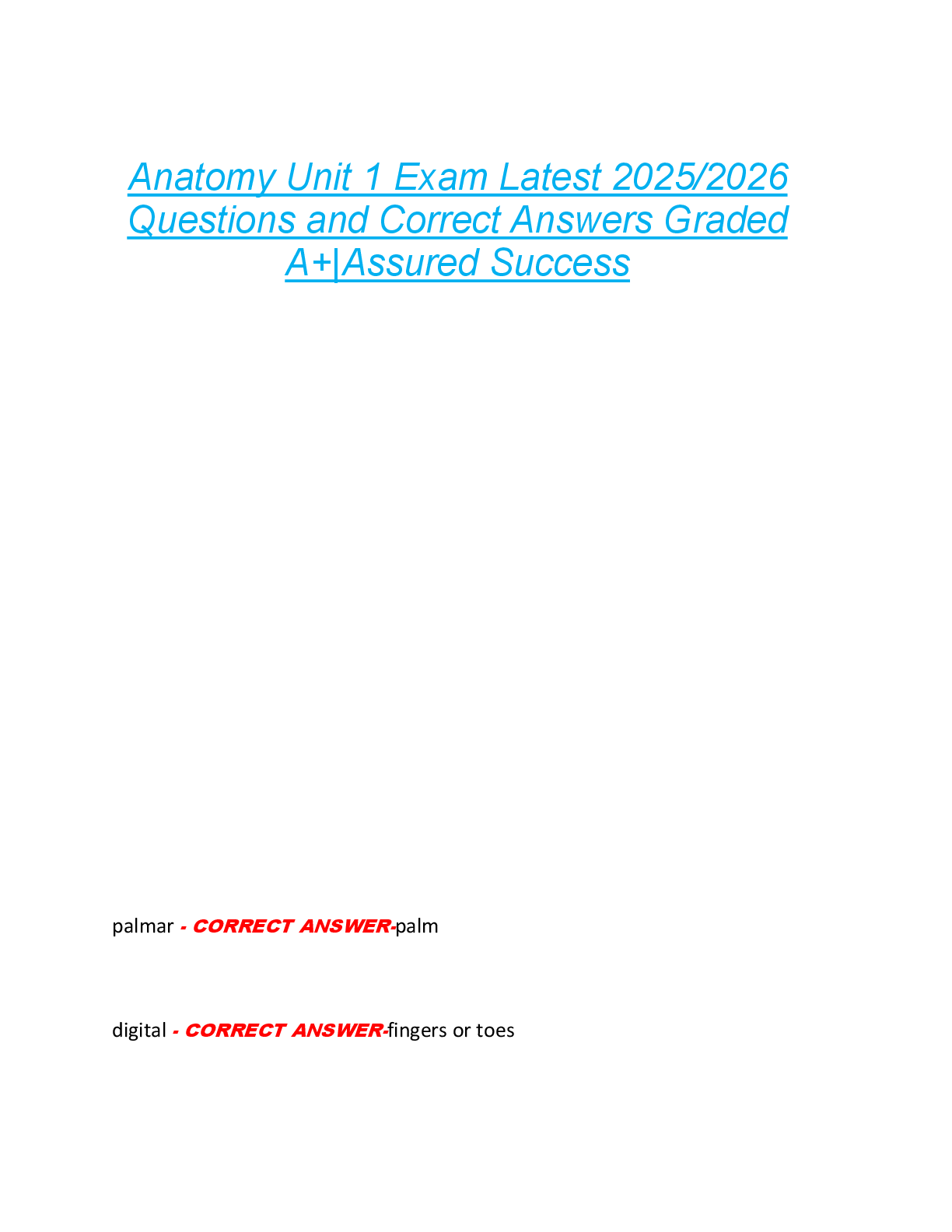 Preview of Anatomy Unit 1 Exam Latest 2025/2026  Questions and Correct Answers Graded  A+|Assured Success