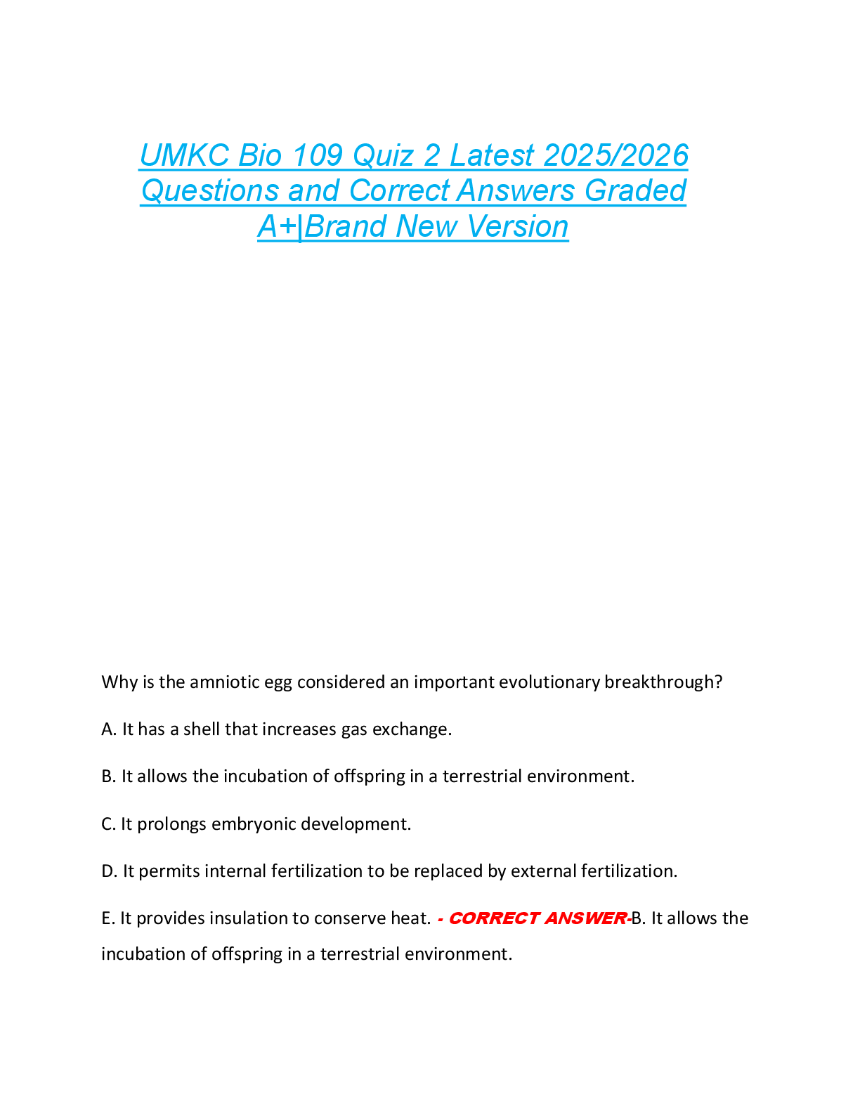 UMKC Bio 109 Quiz 2 Latest 2025/2026  Questions and Correct Answers Graded  A+|Brand New Version