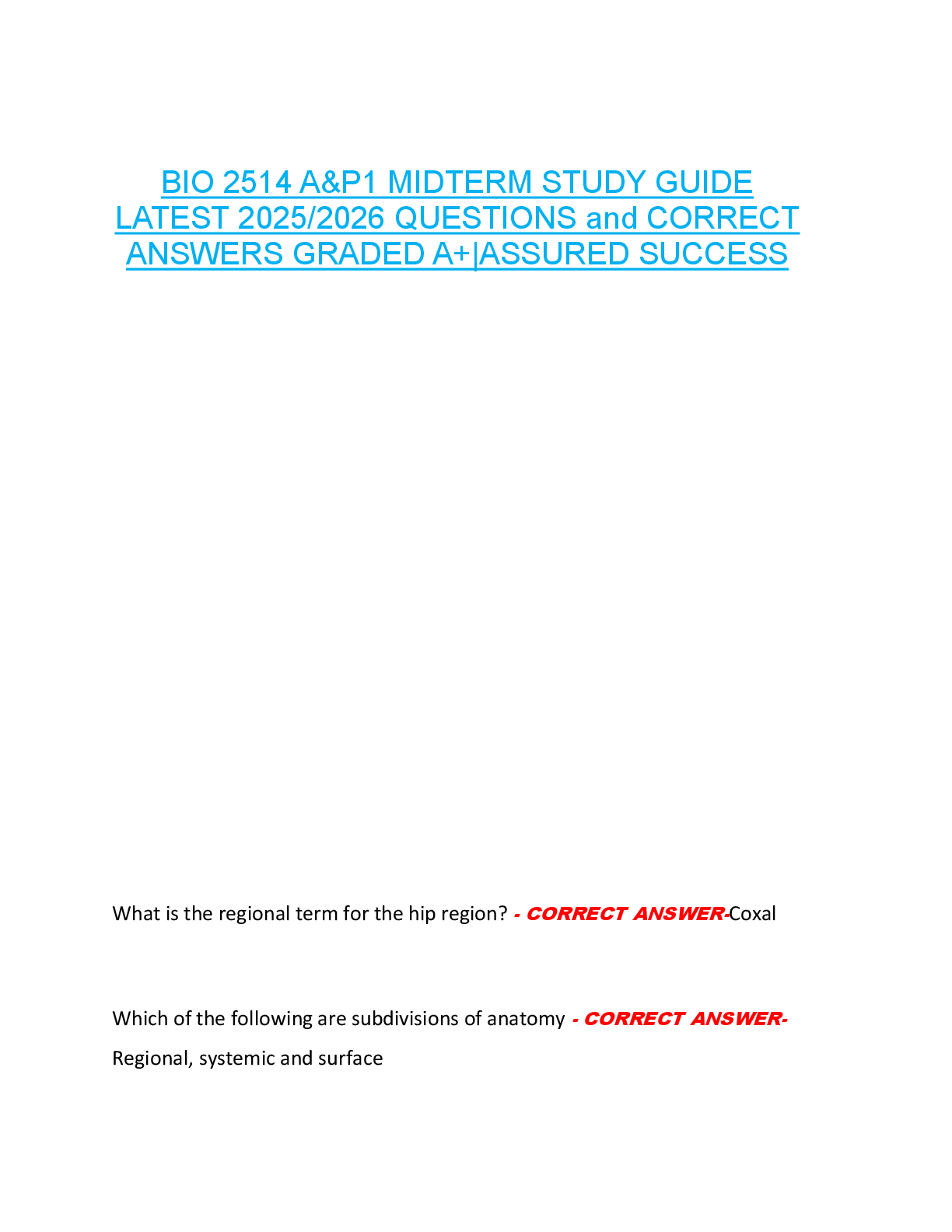Preview of BIO 2514 A&P1 MIDTERM STUDY GUIDE  LATEST 2025/2026 QUESTIONS and CORRECT  ANSWERS GRADED