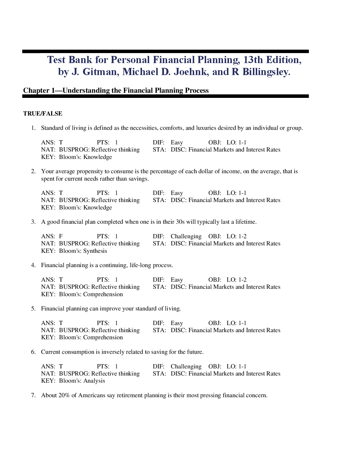 Test Bank for Personal Financial Planning, 13th Edition, by J. Gitman, Michael D. Joehnk, and R Billingsley.