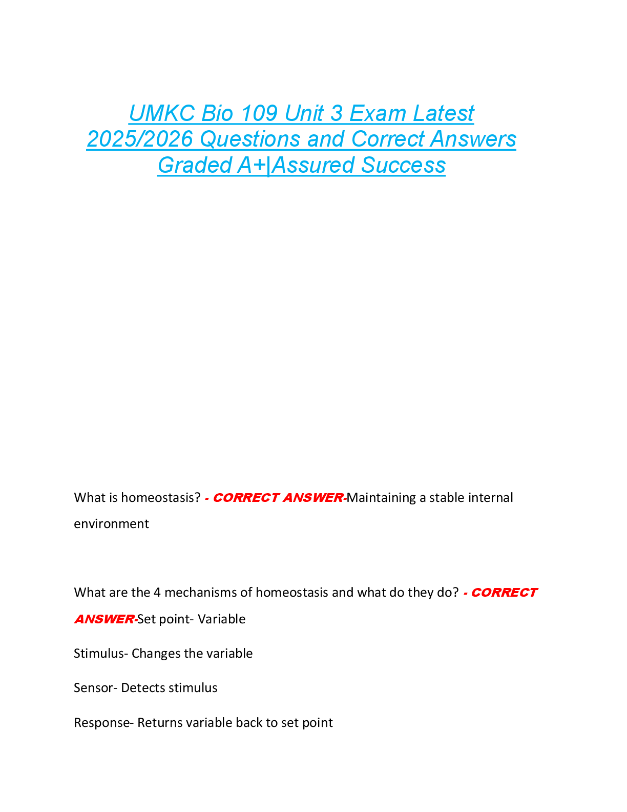 UMKC Bio 109 Unit 3 Exam Latest  2025/2026 Questions and Correct Answers  Graded A+|Assured Success