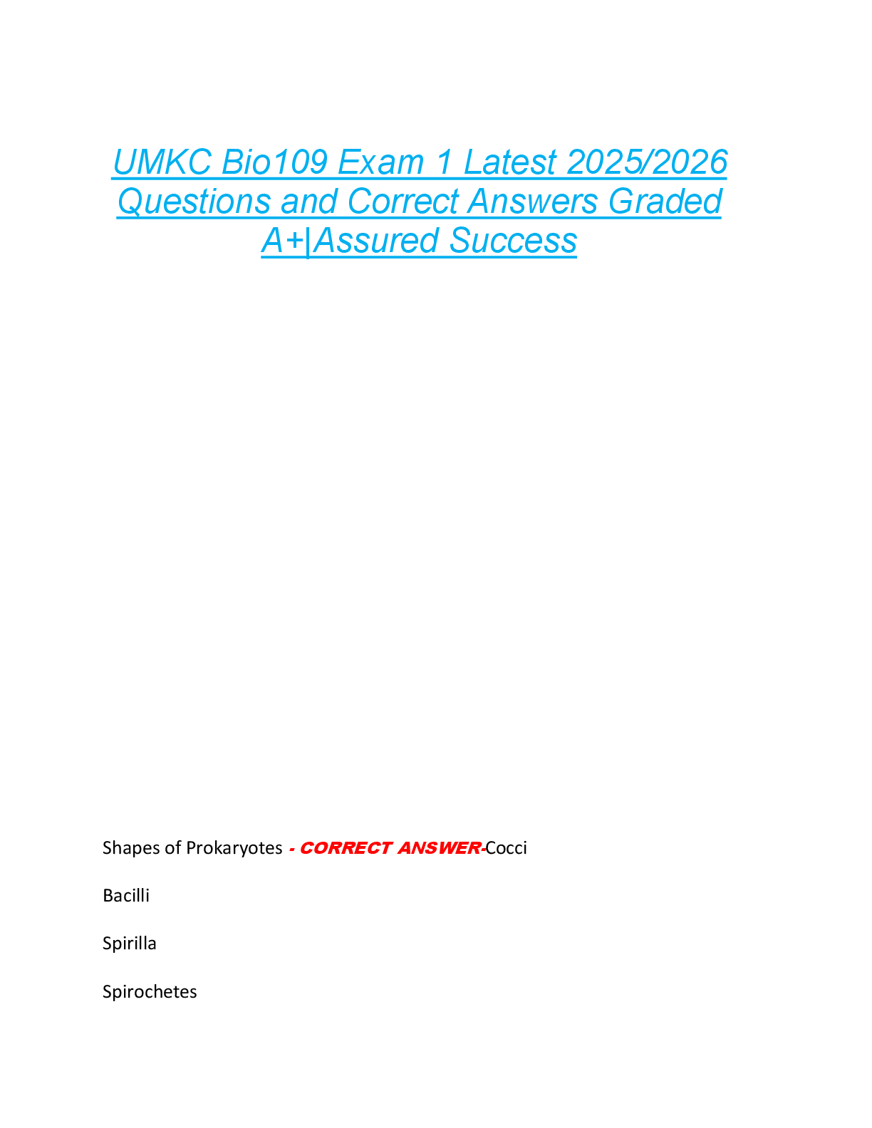Preview image for UMKC Bio109 Exam 1 Latest 2025/2026  Questions and Correct Answers Graded  A+|Assured Success