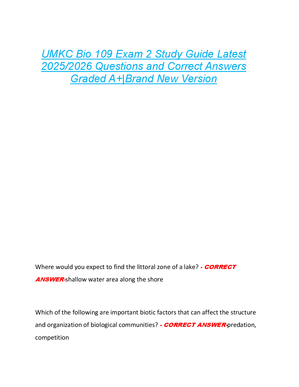 UMKC Bio 109 Exam 2 Study Guide Latest  2025/2026 Questions and Correct Answers  Graded A+|Brand New Version