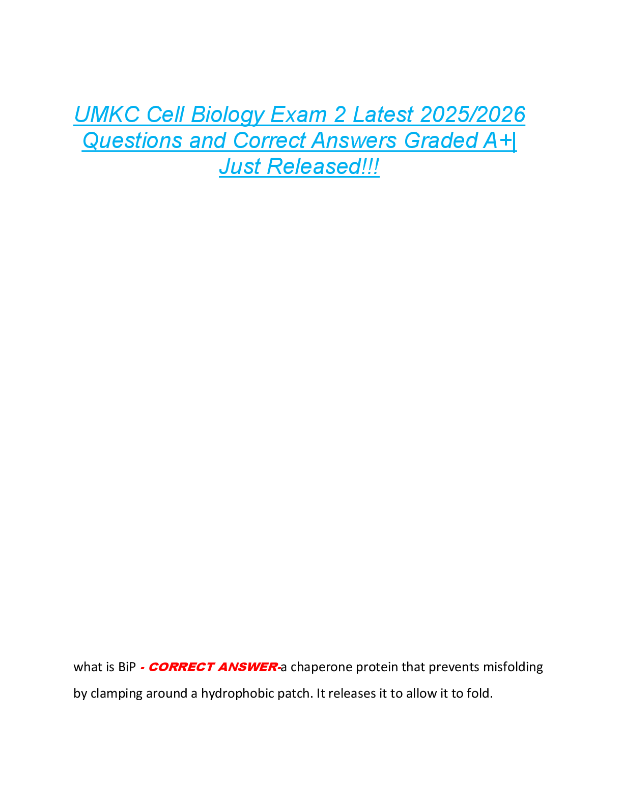 Preview image for UMKC Cell Biology Exam 2 Latest 2025/2026  Questions and Correct Answers Graded A+|  Just Released!!!