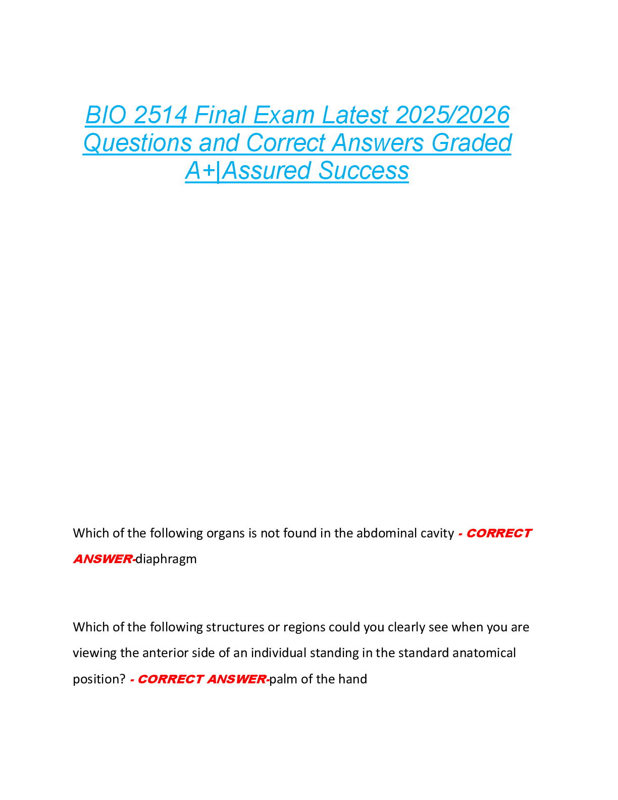 Preview image for BIO 2514 Final Exam Latest 2025/2026  Questions and Correct Answers Graded  A+|Assured Success