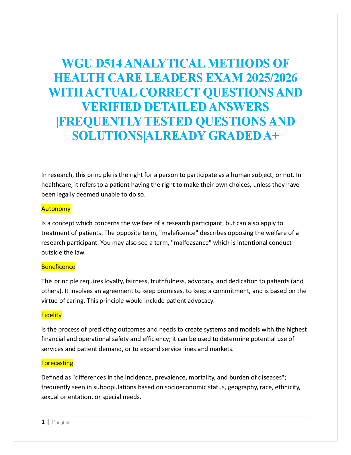 Preview image for WGU D514 ANALYTICAL METHODS OF  HEALTH CARE LEADERS EXAM  