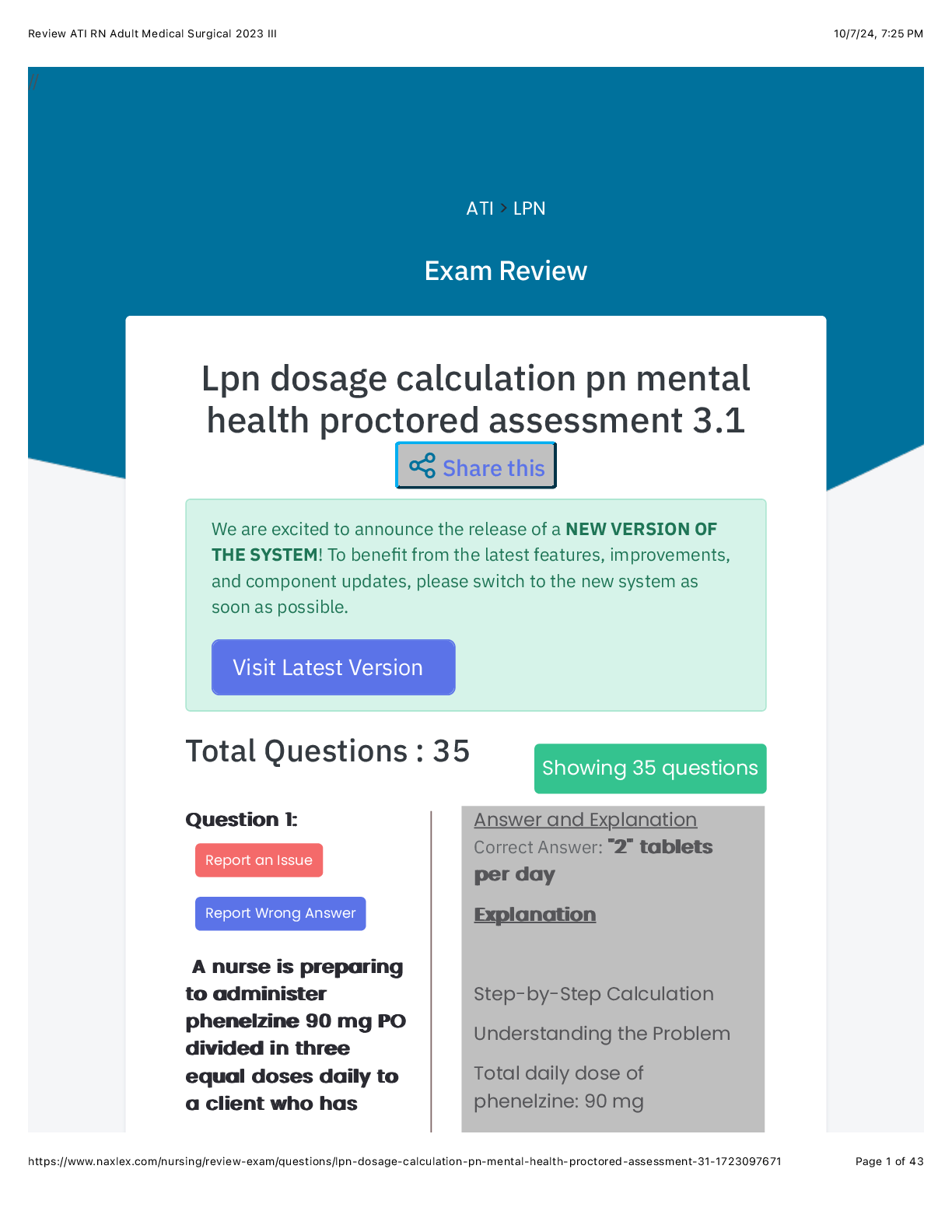 Preview image for Lpn dosage calculation pn mental  health proctored assessment 3.1