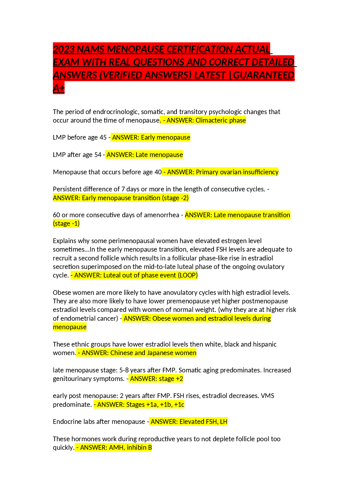 Preview image for 2023 NAMS MENOPAUSE CERTIFICATION ACTUAL  EXAM WITH REAL QUESTIONS AND CORRECT DETAILED  ANSWERS (VERIFIED ANSWERS) LATEST |GUARANTEED  A+