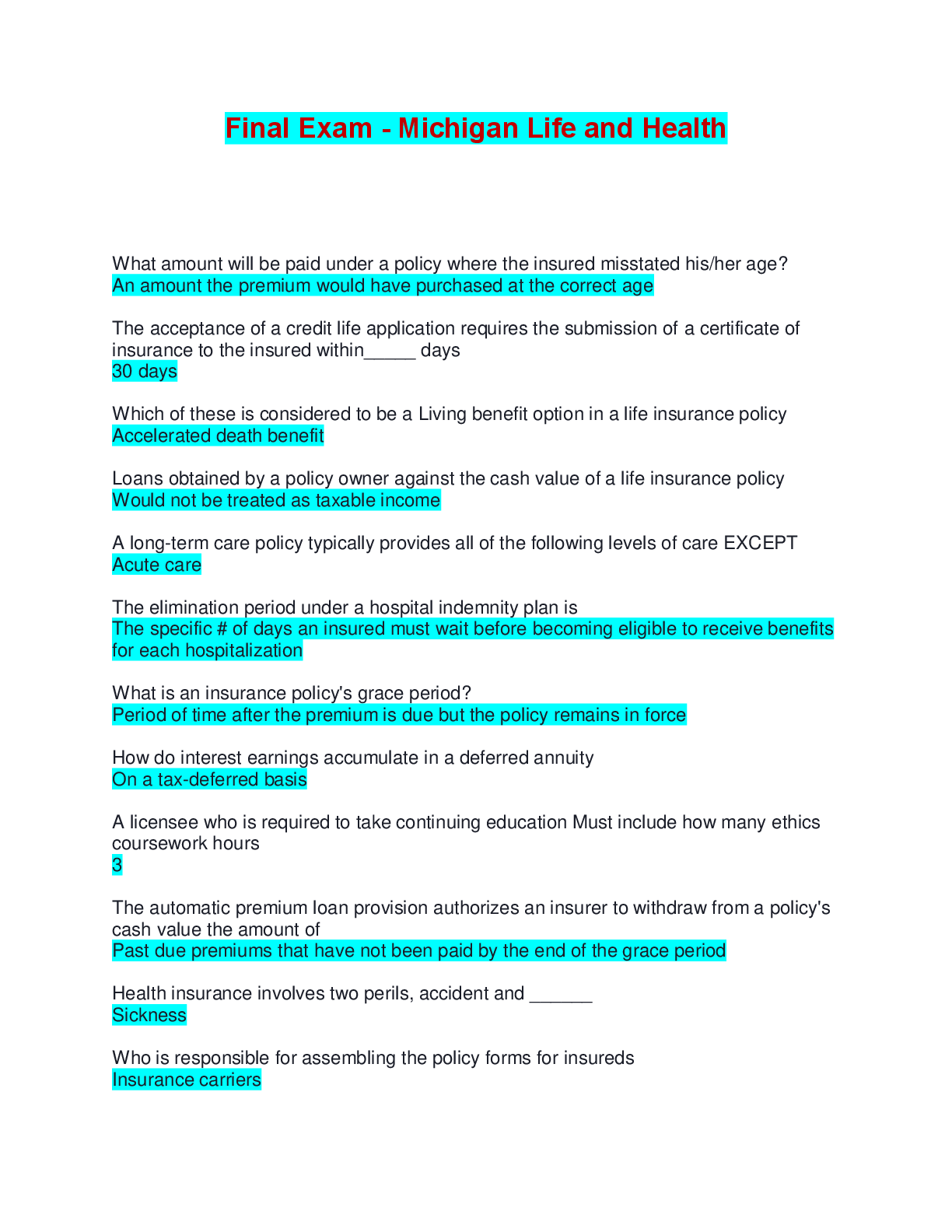 Preview image for Final Exam - Michigan Life and Health | Complete Solutions (Verified Answers)