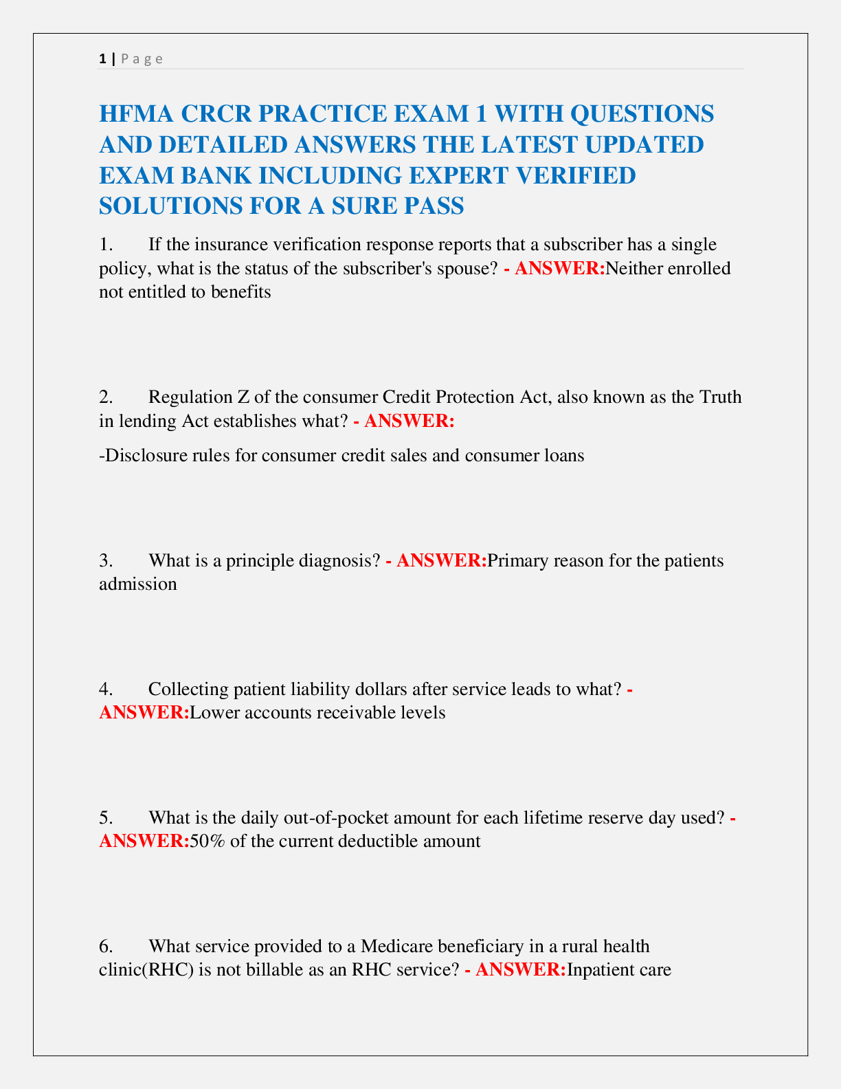 Preview of HFMA CRCR PRACTICE EXAM 1 WITH QUESTIONS  AND DETAILED ANSWERS THE LATEST UPDATED  EXAM BANK INCLUDING EXPERT VERIFIED  SOLUTIONS FOR A SURE PASS