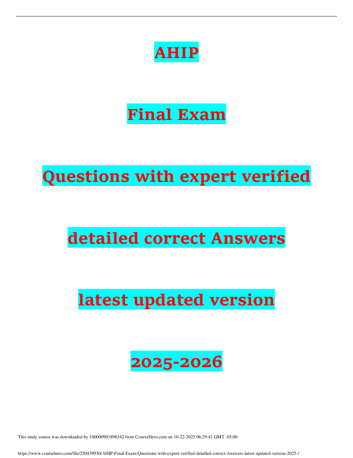 Preview image for AHIP   Final Exam  Questions with expert verified  detailed correct Answers   latest updated version   2025-2026