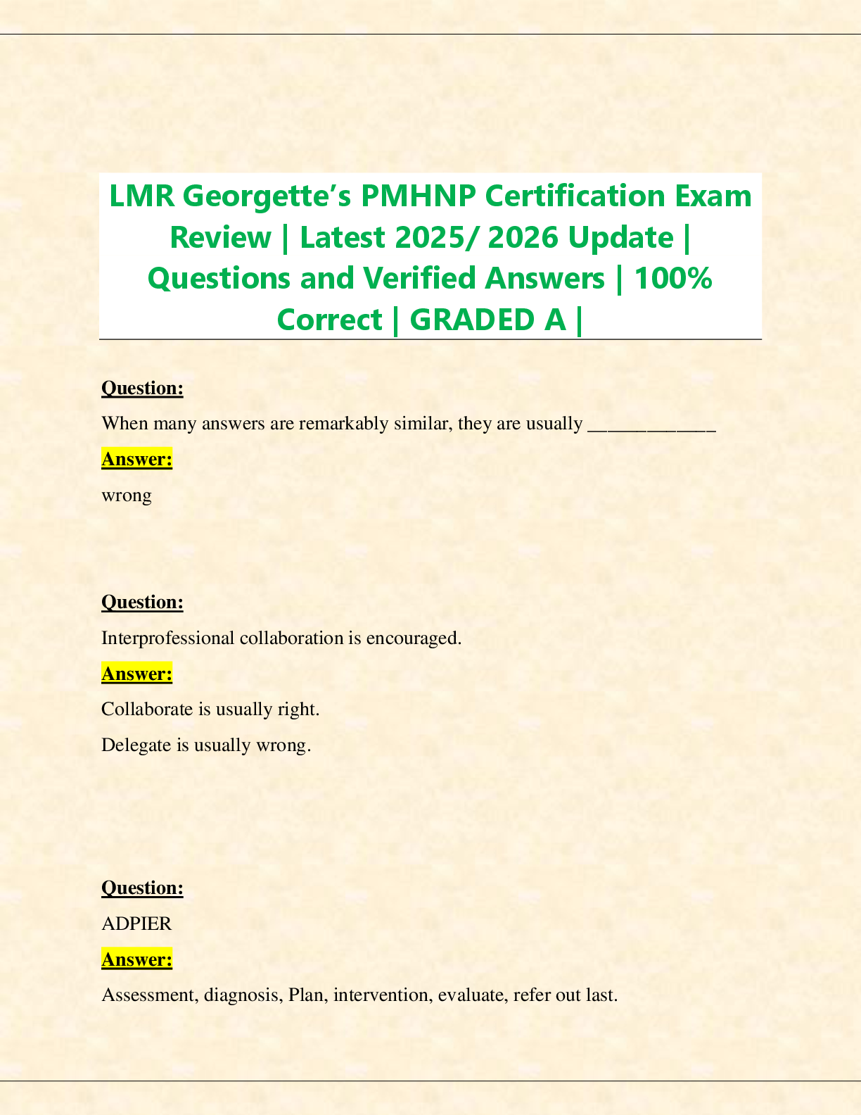 Preview image for LMR Georgette’s PMHNP Certification Exam  Review | Latest 2025/ 2026 Update |  Questions and Verified Answers | 100%  Correct | GRADED A |