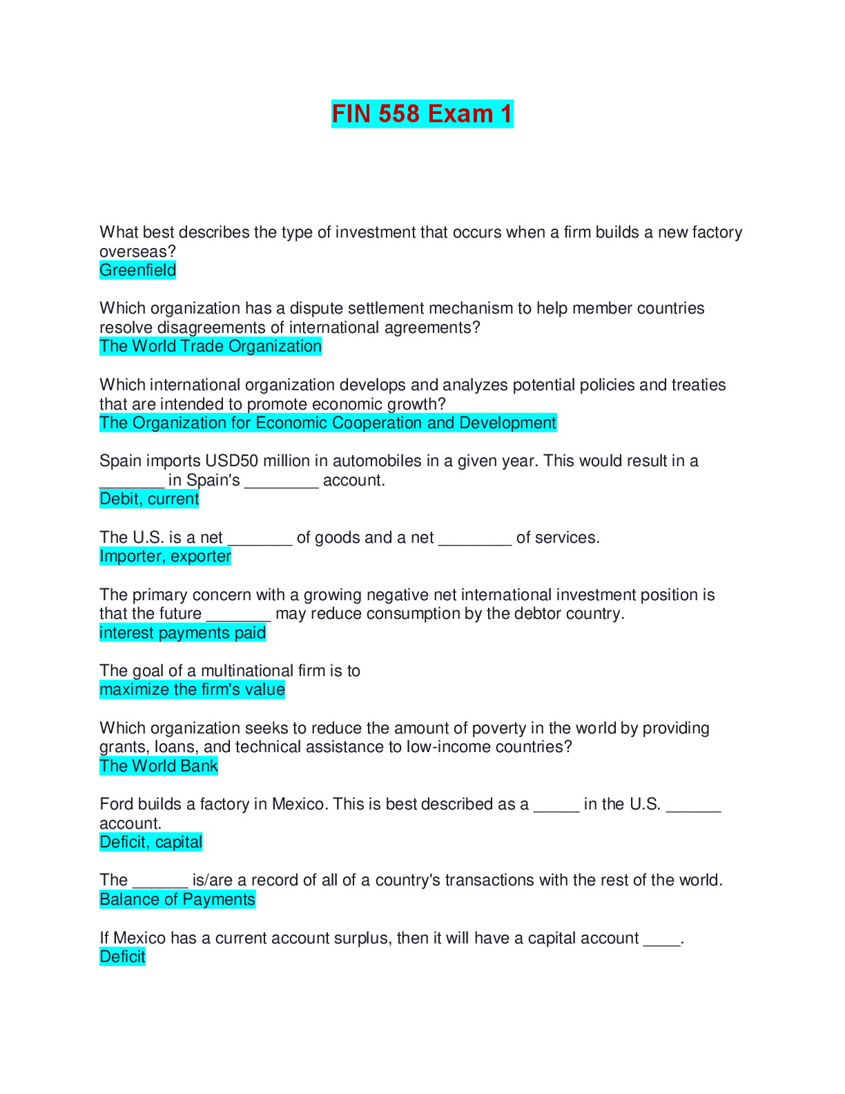Preview image for FIN 558 Exam 1 | Questions and Answers