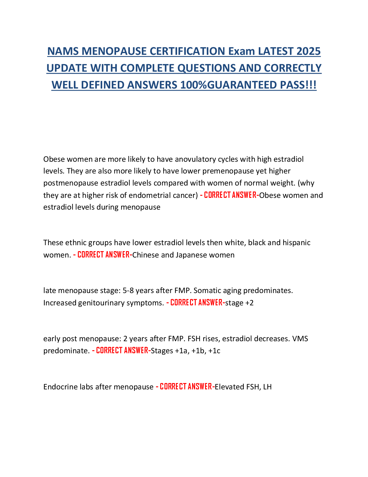 Preview image for NAMS MENOPAUSE CERTIFICATION Exam LATEST 2025  UPDATE WITH COMPLETE QUESTIONS AND CORRECTLY  WELL DEFINED ANSWERS 100%GUARANTEED PASS!!!
