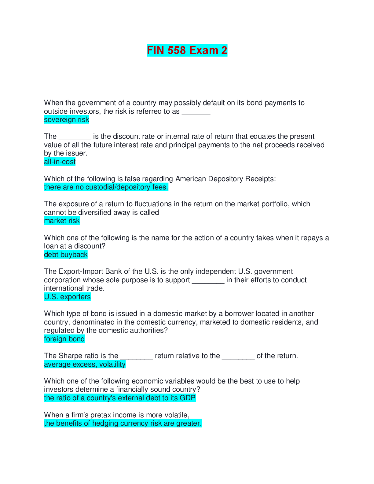 Preview image for FIN 558 Exam 2 | Questions and Answers