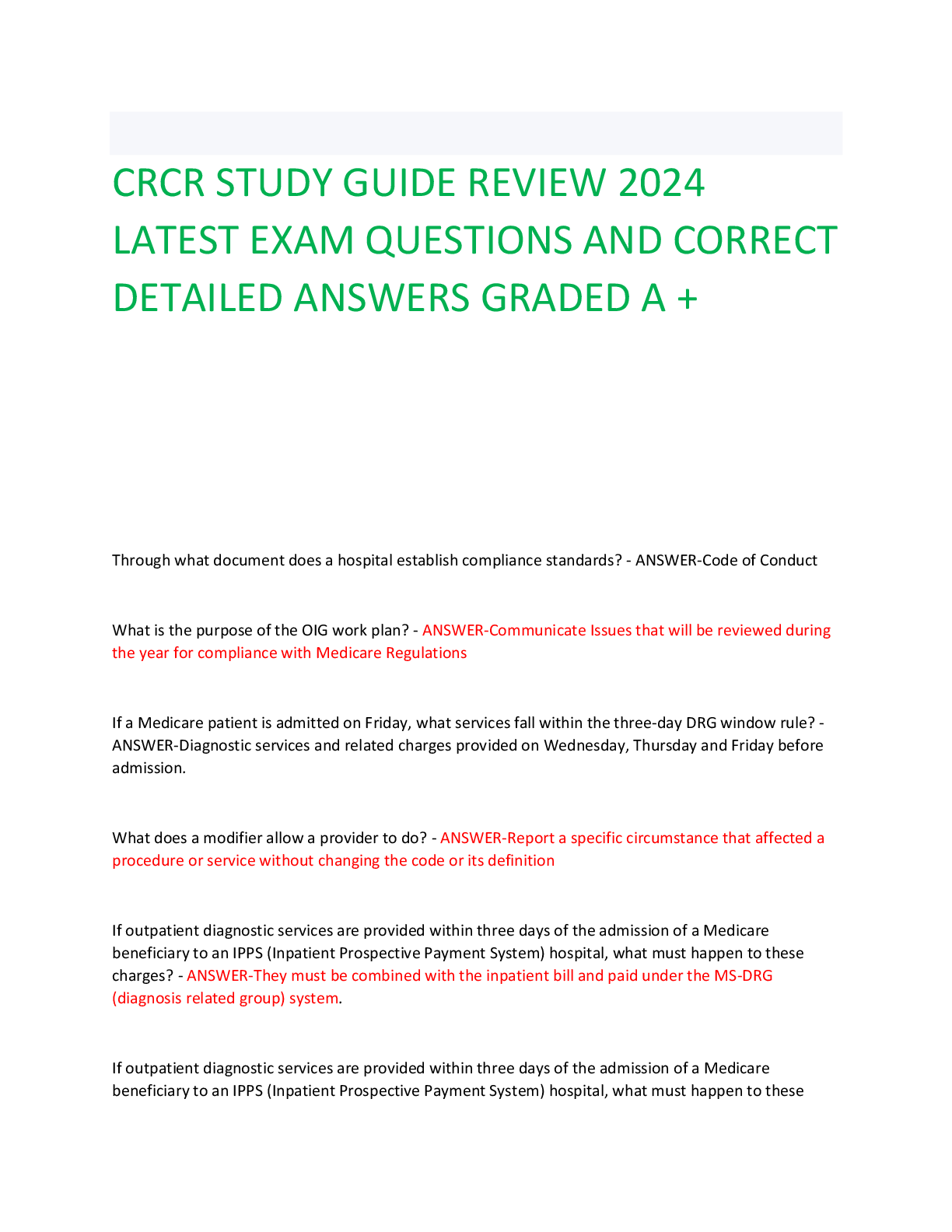 Preview of CRCR STUDY GUIDE REVIEW 2024  LATEST EXAM QUESTIONS AND CORRECT  DETAILED ANSWERS GRADED A +