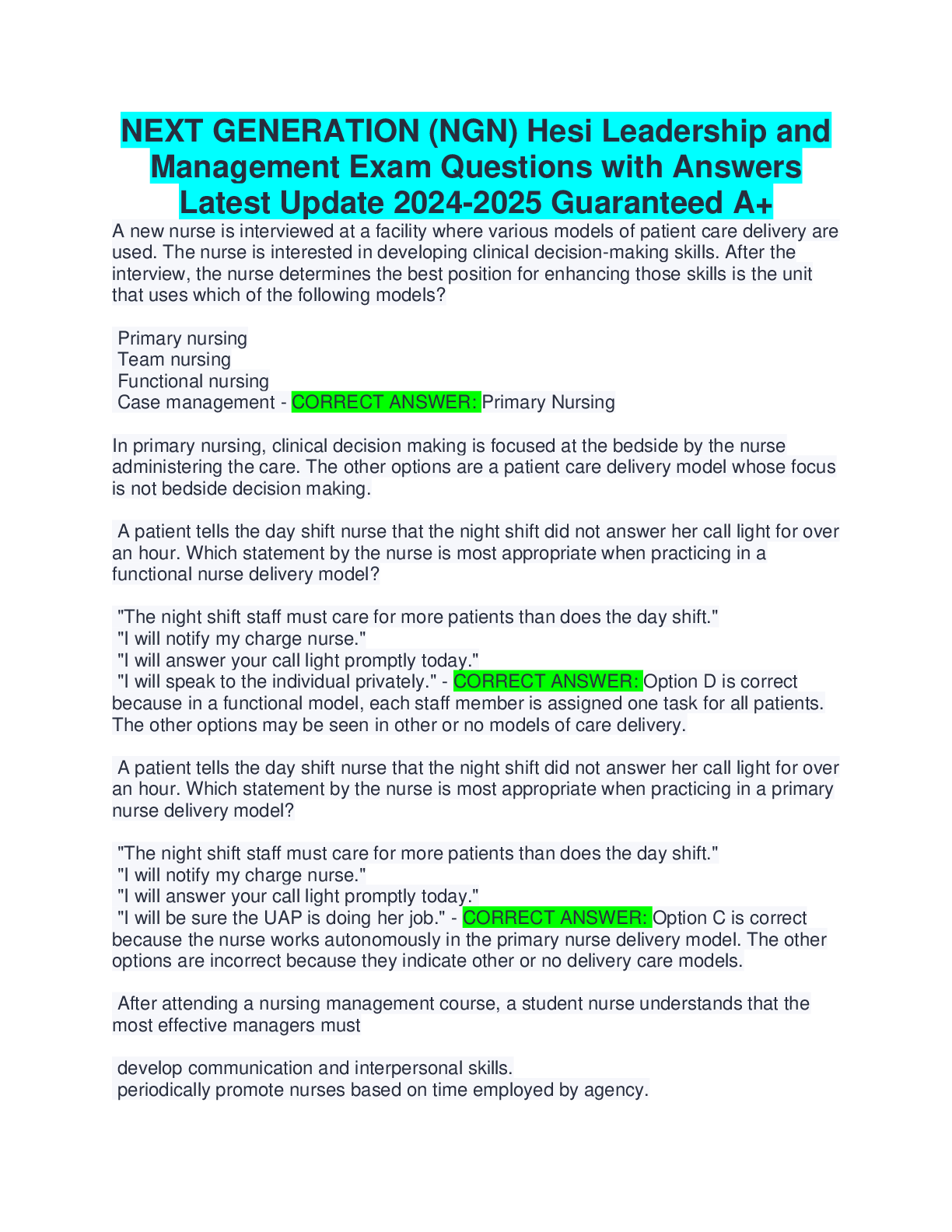 Preview image for NEXT GENERATION (NGN) Hesi Leadership and  Management Exam Questions with Answers  Latest Update 2024-2025 Guaranteed A+