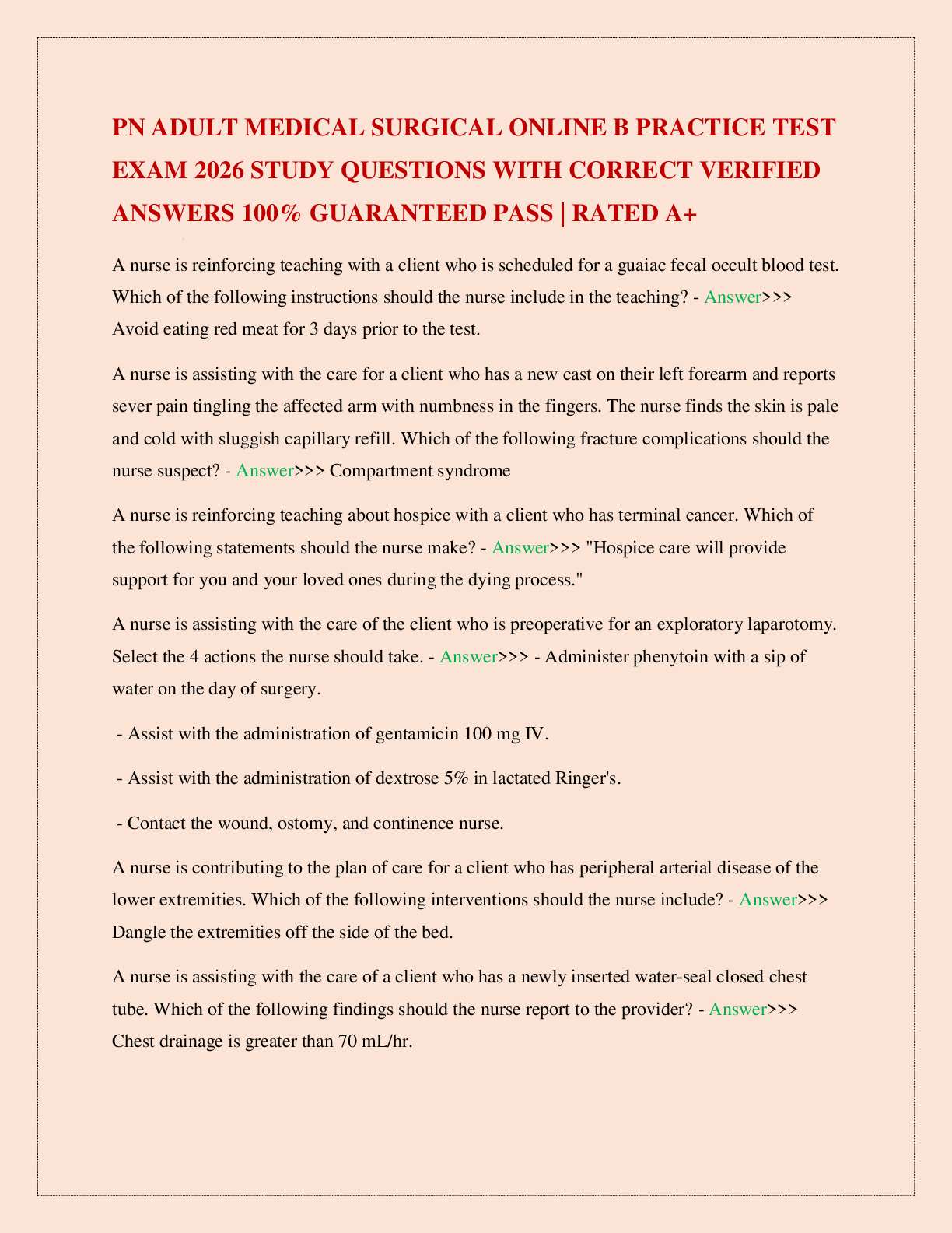 Preview image for PN ADULT MEDICAL SURGICAL ONLINE B PRACTICE TEST EXAM 2026 STUDY QUESTIONS WITH CORRECT VERIFIED ANSWERS 100% GUARANTEED PASS | RATED A+