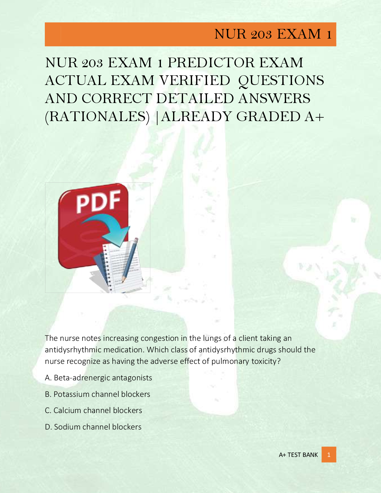 Preview of NUR 203 EXAM 1 PREDICTOR EXAM  ACTUAL EXAM VERIFIED  QUESTIONS  AND CORRECT DETAILED ANSWE
