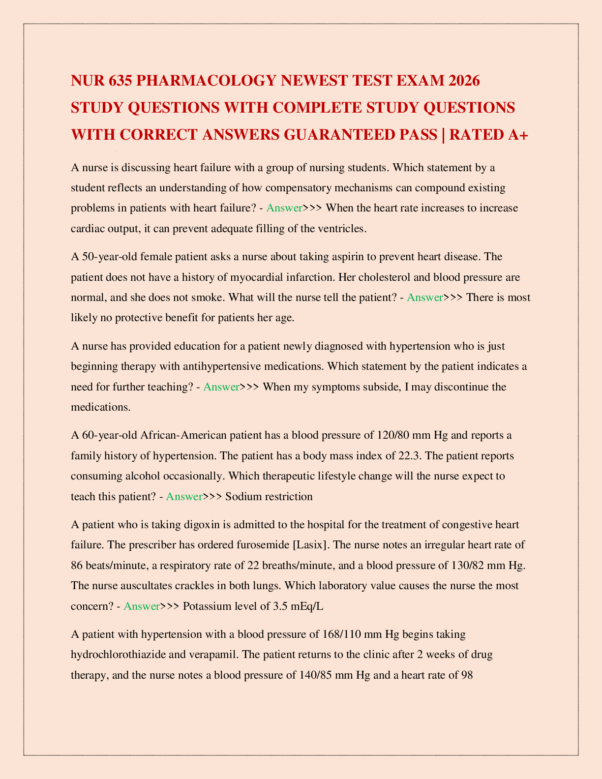 Preview image for NUR 635 PHARMACOLOGY NEWEST TEST EXAM 2026 STUDY QUESTIONS WITH COMPLETE STUDY QUESTIONS WITH CORRECT ANSWERS GUARANTEED PASS | RATED A+