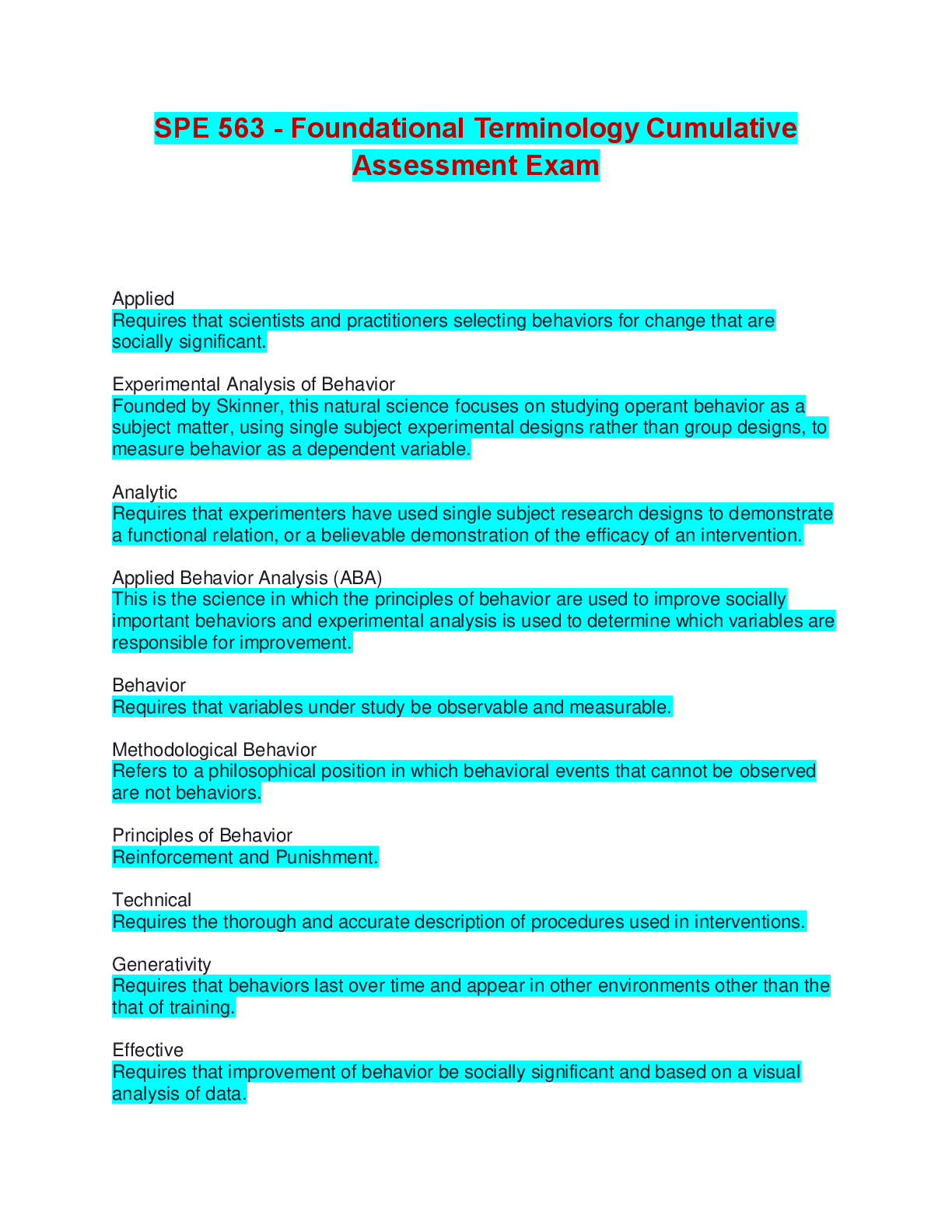 Preview of SPE 563 - Foundational Terminology Cumulative Assessment Exam | Questions and Answers