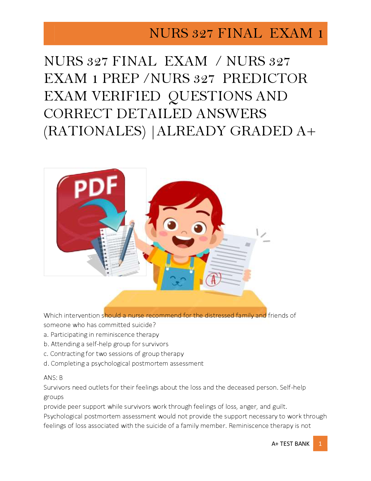 NURS 327 FINAL  EXAM  / NURS 327  EXAM 1 PREP /NURS 327  PREDICTOR  EXAM VERIFIED  QUESTIONS AND  CORRECT DETAILED ANSWERS  (RATIONALES) |ALREADY GRADED A+