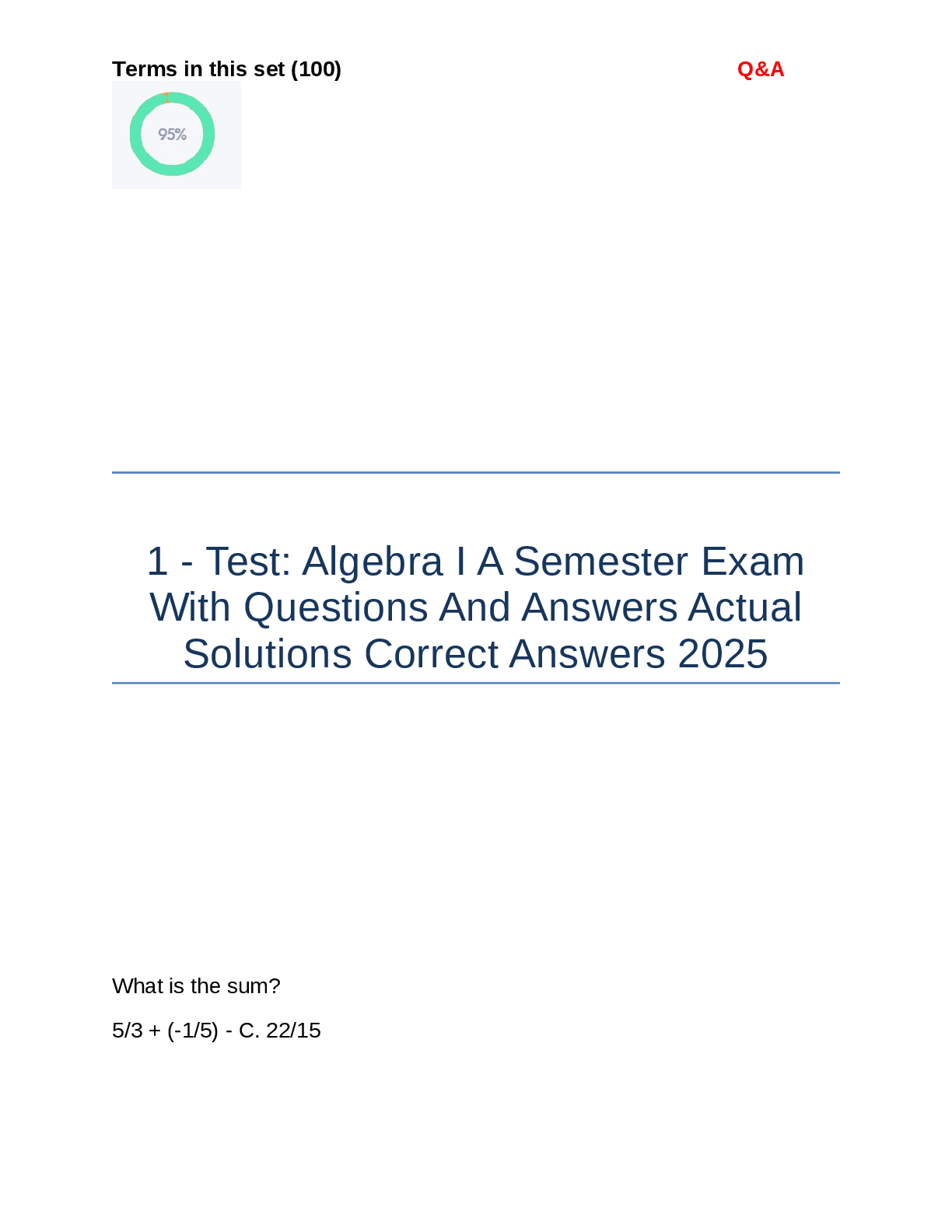 Preview image for 1 - Test: Algebra I A Semester Exam  With Questions And Answers Actual  Solutions Correct Answers 2025
