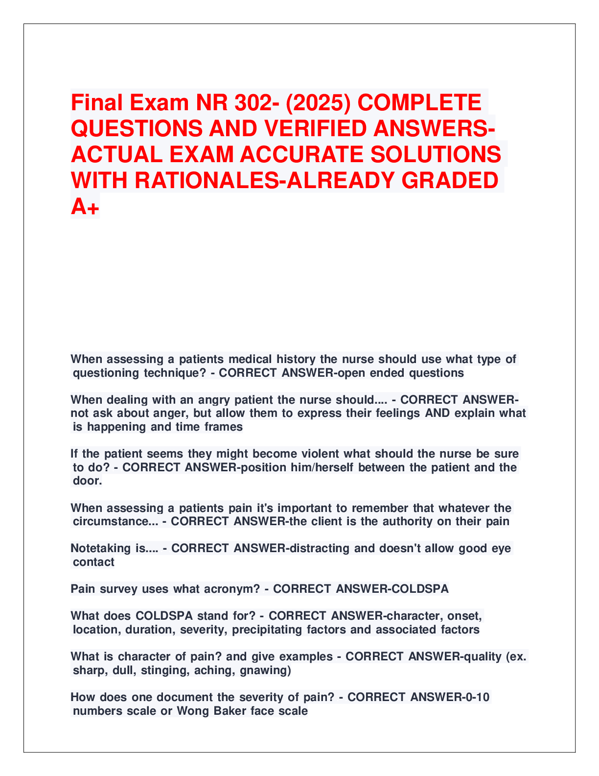 Preview of Final Exam NR 302- (2025) COMPLETE  QUESTIONS AND VERIFIED ANSWERS ACTUAL EXAM ACCURATE SOLUTIONS  WITH RATIONALES-ALREADY GRADED  A+