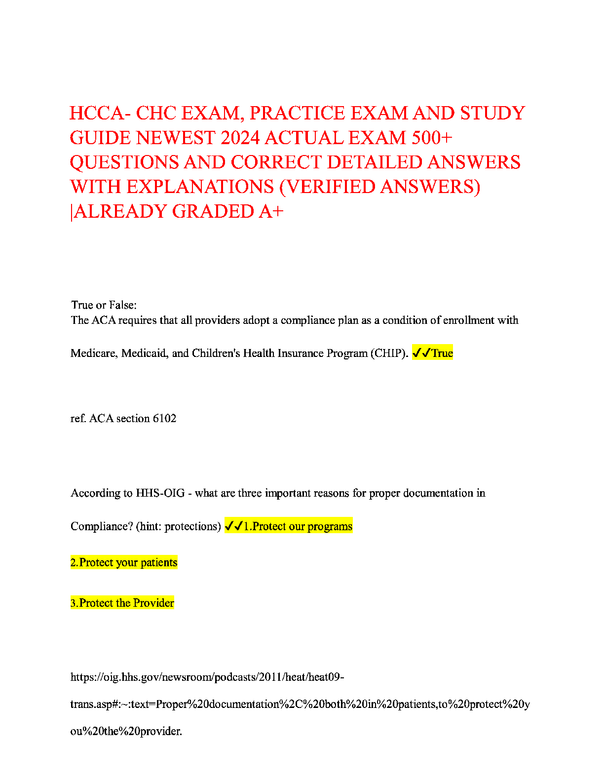 Preview image for HCCA- CHC EXAM, PRACTICE EXAM AND STUDY  GUIDE NEWEST 2024 ACTUAL EXAM 500+  QUESTIONS AND CORRECT DETAILED ANSWERS  WITH EXPLANATIONS (VERIFIED ANSWERS)  IALREADY GRADED A+