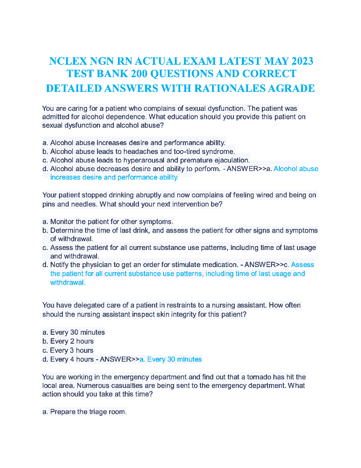 Preview image for NCLEX NGN RN ACTUAL EXAM LATEST MAY 2023  TEST BANK 200 QUESTIONS AND CORRECT  DETAILED ANSWERS WITH RATIONALES AGRADE