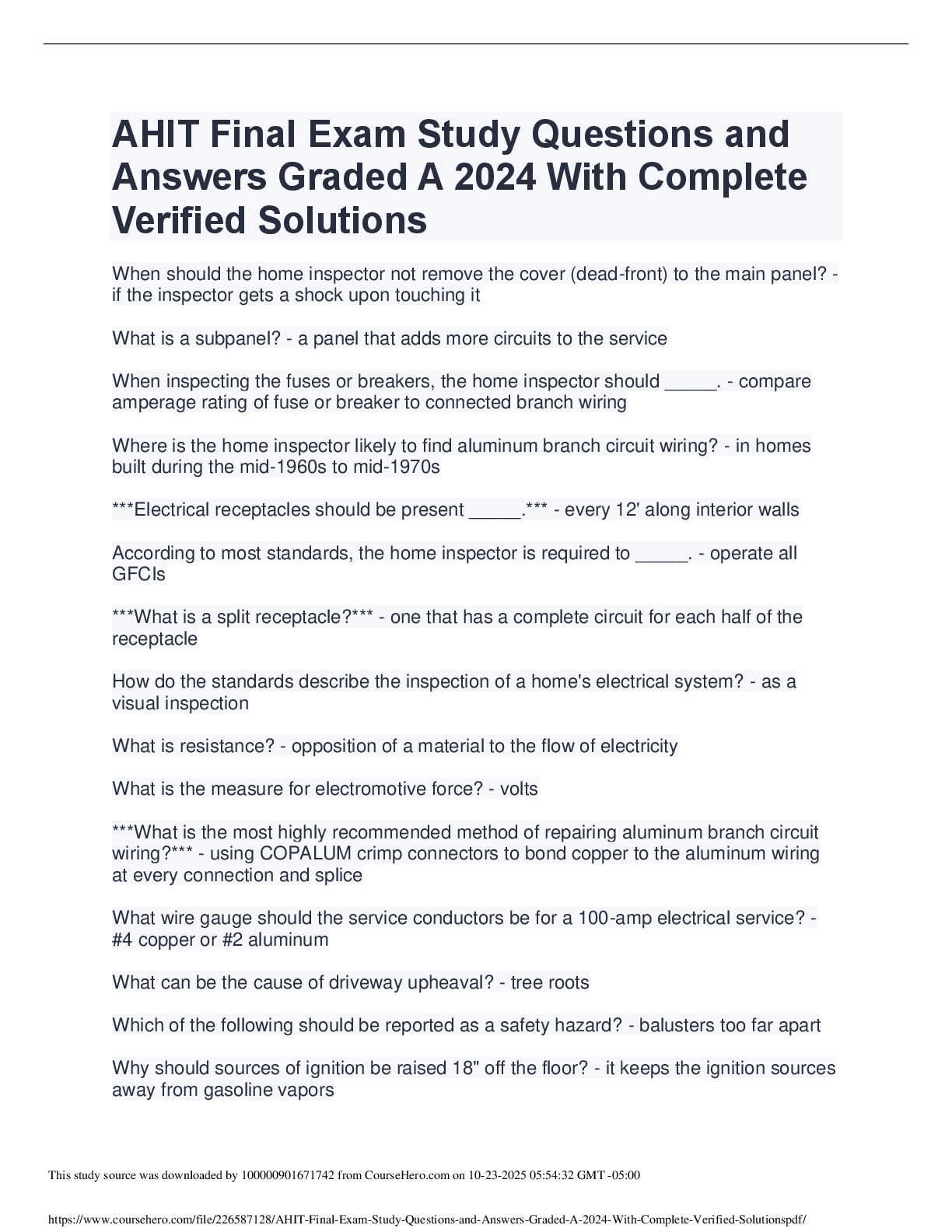 Recommended document preview for AHIT Final Exam Study Questions and  Answers Graded A 2024 With Complete  Verified Solutions