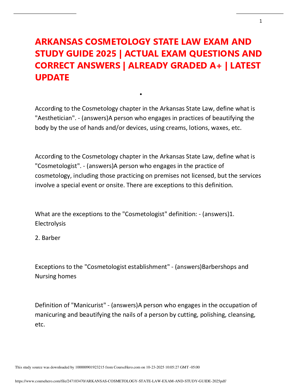 Preview of ARKANSAS COSMETOLOGY STATE LAW EXAM AND  STUDY GUIDE 2025 | ACTUAL EXAM QUESTIONS AND  CORRECT ANSWERS | ALREADY GRADED A+ | LATEST  UPDATE