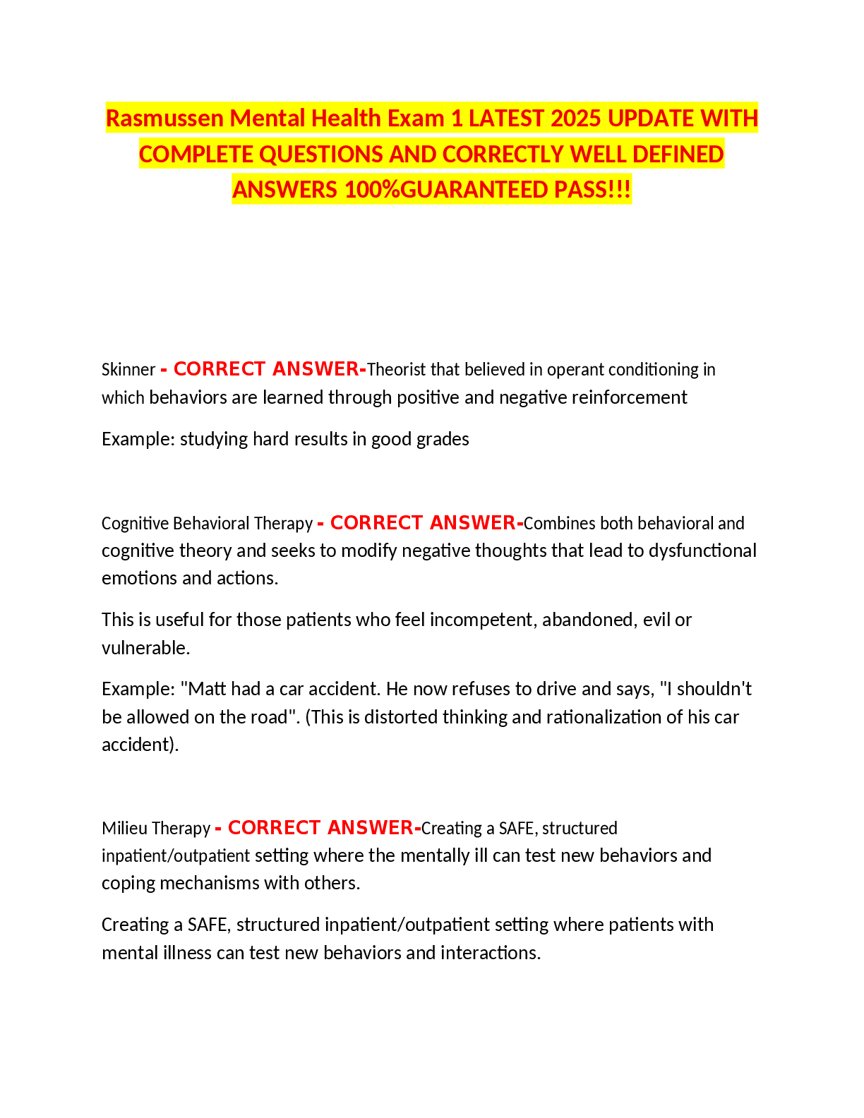 Preview image for Rasmussen  Mental  Health  Exam 1  LATEST  2025  WITH  COMPLETE QUESTIONS AND CORRECTLY WELL DEFINED  ANSWERS 100%GUARANTEED PASS!!!