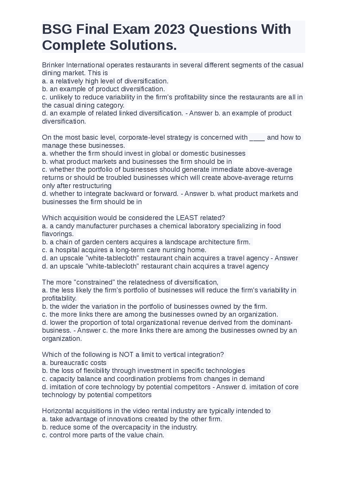 Preview image for BSG Final Exam 2023 Questions With  Complete Solutions.