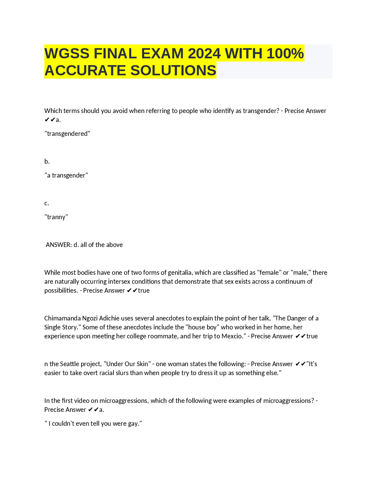 Preview of WGSS FINAL EXAM 2024 WITH 100%  ACCURATE SOLUTIONS