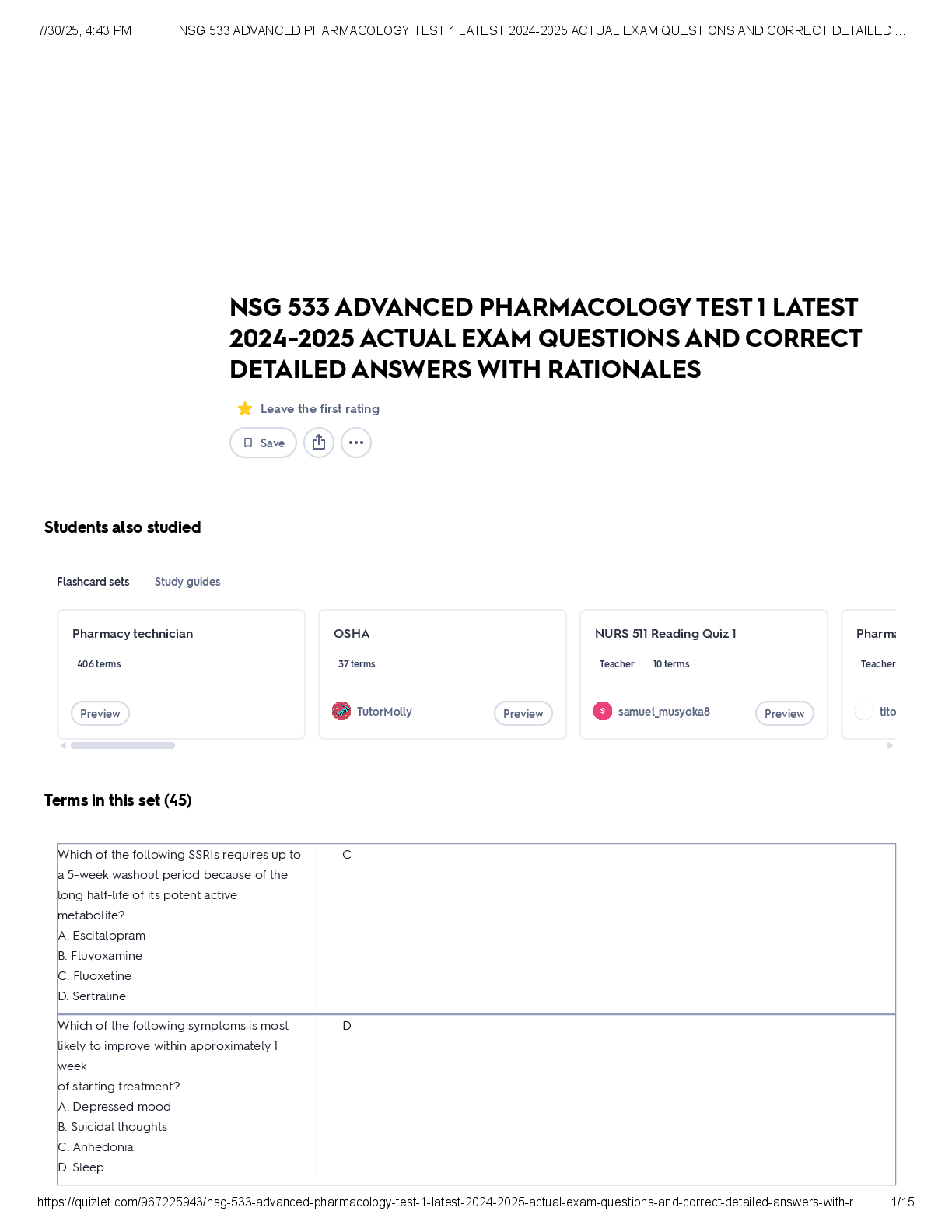 Preview image for NSG 533 ADVANCED PHARMACOLOGY TEST 1 LATEST  2024-2025 ACTUAL EXAM QUESTIONS AND CORRECT  DETAILED ANSWERS WITH RATIONALES
