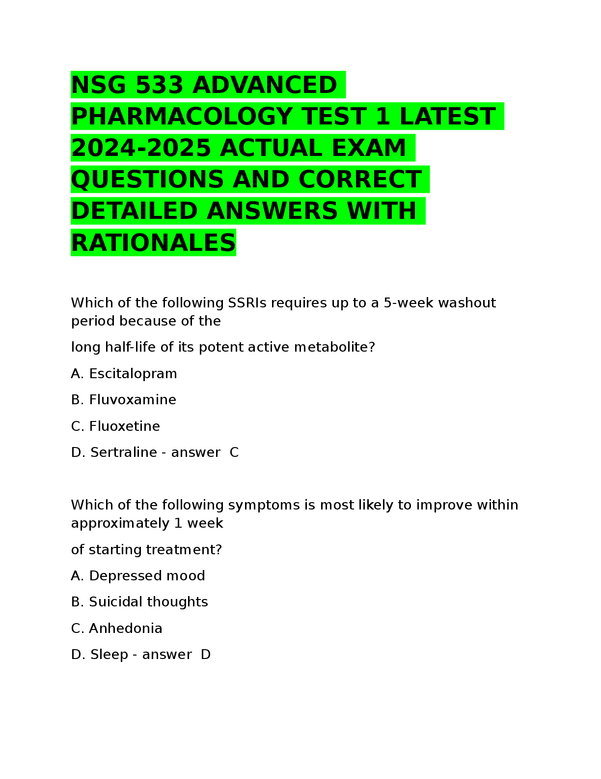 Preview of NSG 533 ADVANCED  PHARMACOLOGY TEST 1 LATEST  2024-2025 ACTUAL EXAM  QUESTIONS AND CORRECT