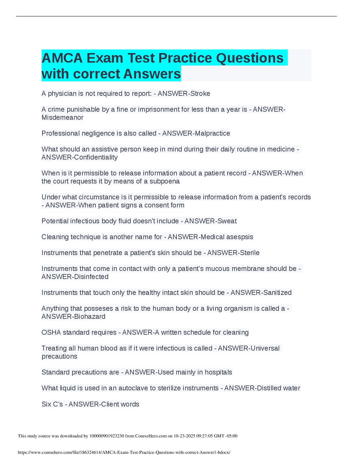 AMCA Exam Test Practice Questions  with correct Answers