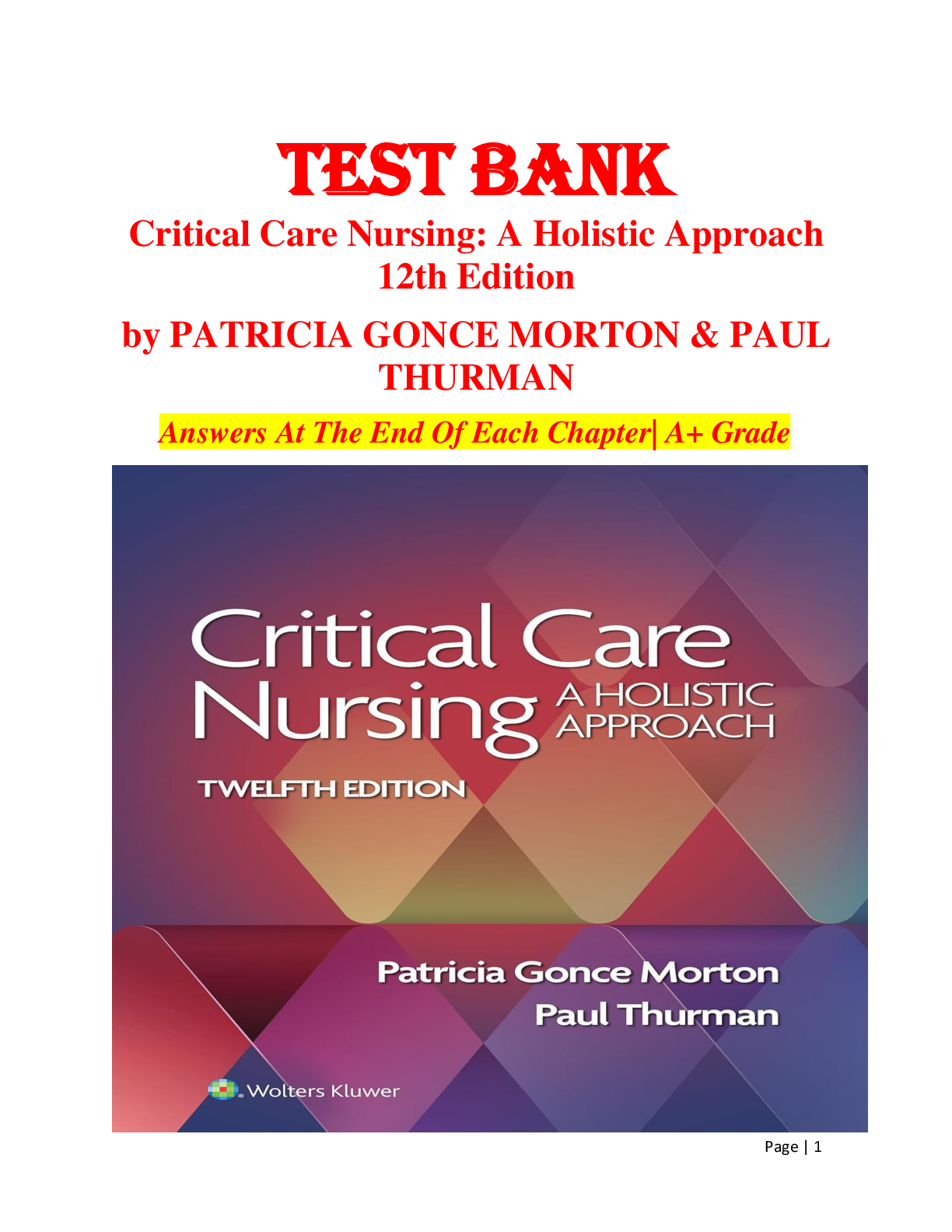 Preview image for Critical Care Nursing: A Holistic Approach 12th Edition Test Bank – Chapter-by-Chapter Questions & Answers | Patricia Gonce Morton & Paul Thurman
