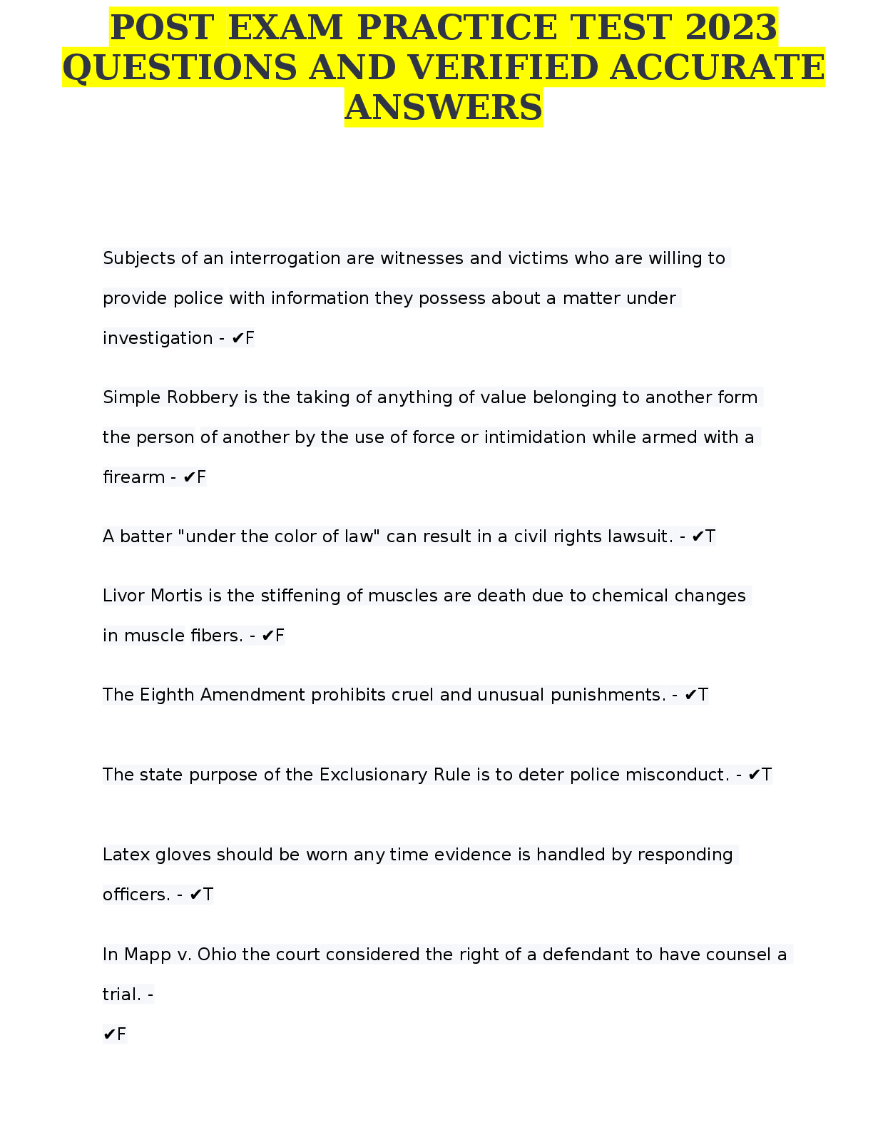 Preview image for POST EXAM PRACTICE TEST 2023  QUESTIONS AND VERIFIED ACCURATE  ANSWERS