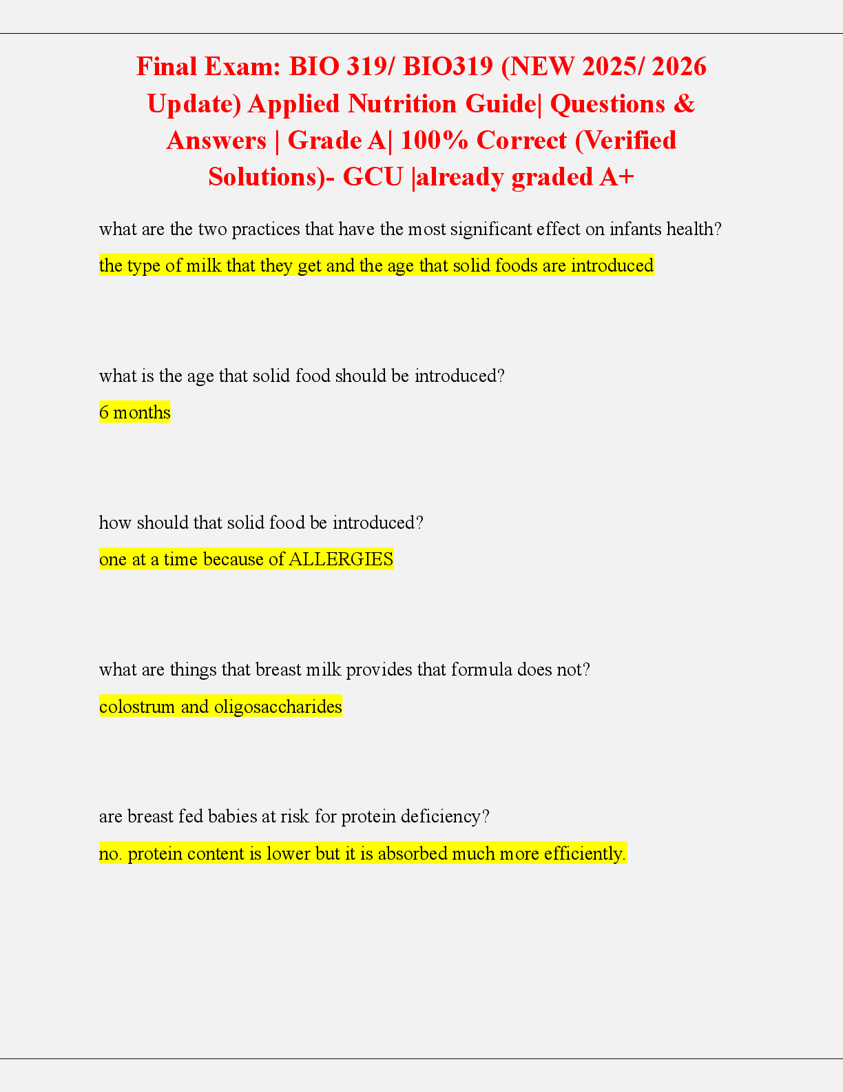 Preview image for Final Exam: BIO 319/ BIO319 (NEW 2025/ 2026  Update) Applied Nutrition Guide| Questions &  Answers | Grade A| 100% Correct (Verified  Solutions)- GCU |already graded A+