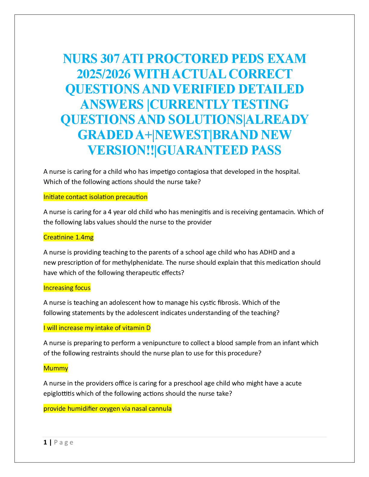 Preview image for NURS 307 ATI PROCTORED PEDS EXAM   